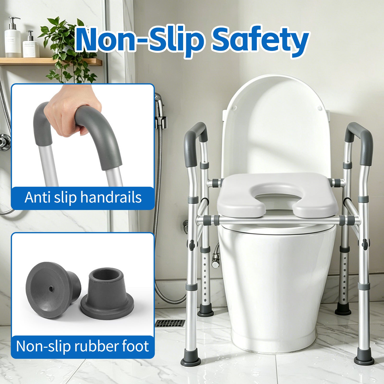 DQQKMM Toilet Seat Riser for Seniors, Adjustable Height & Width, Raised Toilet Seat with Handles & Padded Seat, Supports 300 lbs Toilet Seat with Handles, Shower Chair & Bedside Commode