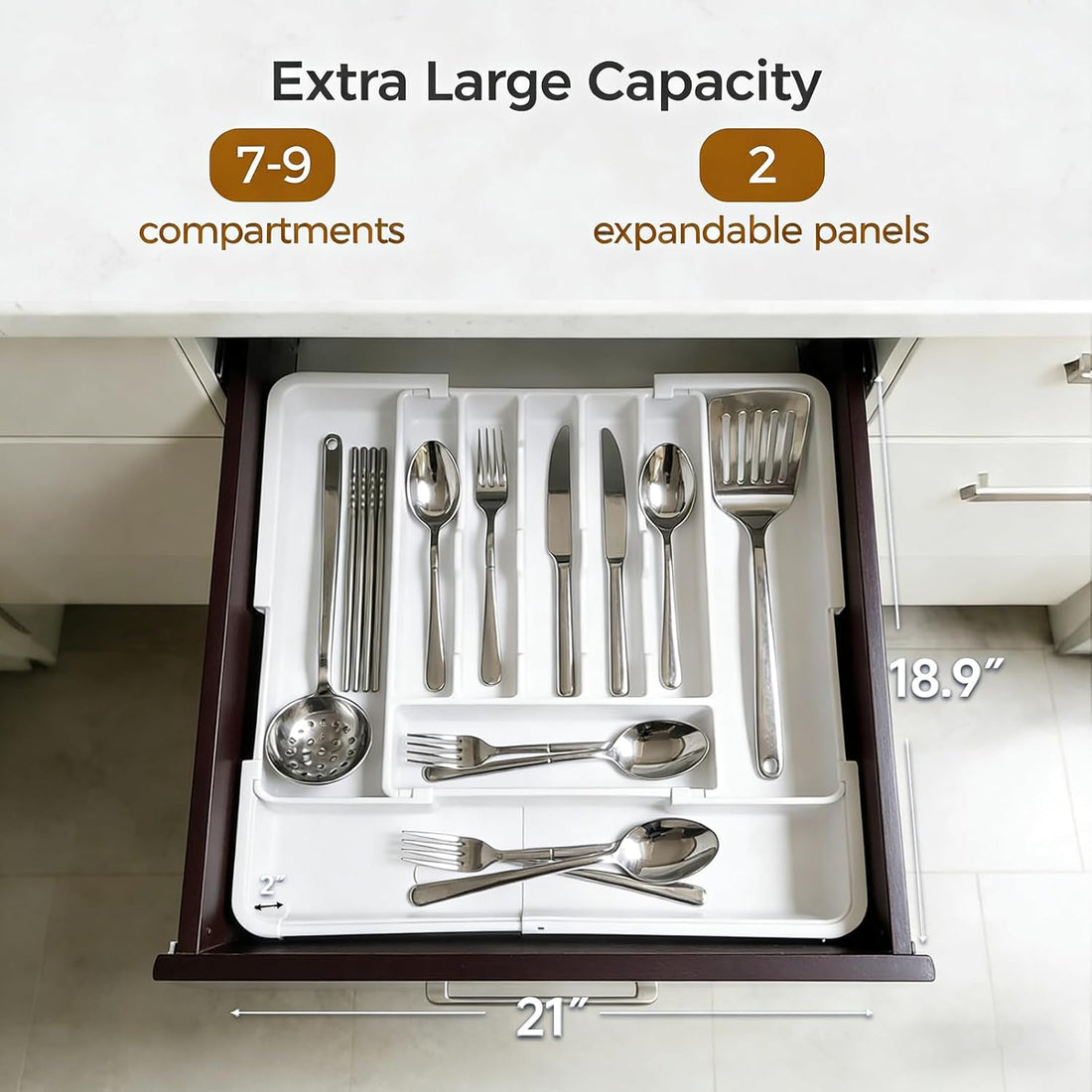 DQQKMM Larger Cutlery Drawer Organiser,Expandable Drawer Organizer with 9 Compartments, 3-sided Cutlery Organiser, Adjustable Cutlery Tray,utensil drawer organiser for Spoons,Forks and Knives (white)