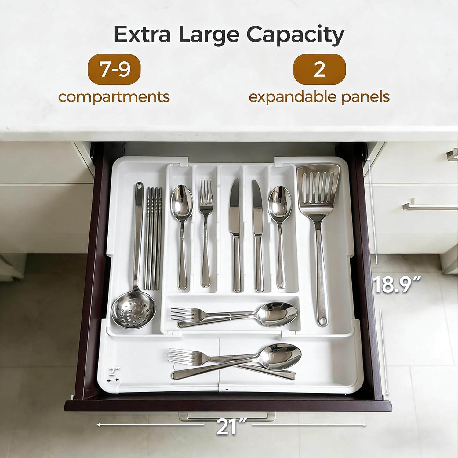 DQQKMM Larger Cutlery Drawer Organiser,Expandable Drawer Organizer with 9 Compartments, 3-sided Cutlery Organiser, Adjustable Cutlery Tray,utensil drawer organiser for Spoons,Forks and Knives (white)