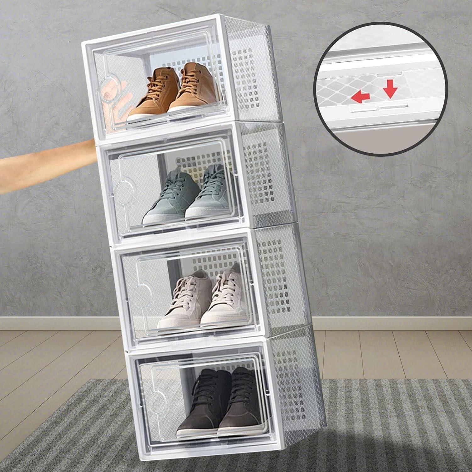 DQQKMM 12-Pack XXL Shoe Storage Box, Clear Shoe box Plastic Stackable Shoe Organizer for Closet, Space Saving Foldable Shoe Rack Sneaker Container Bin Holder(white)