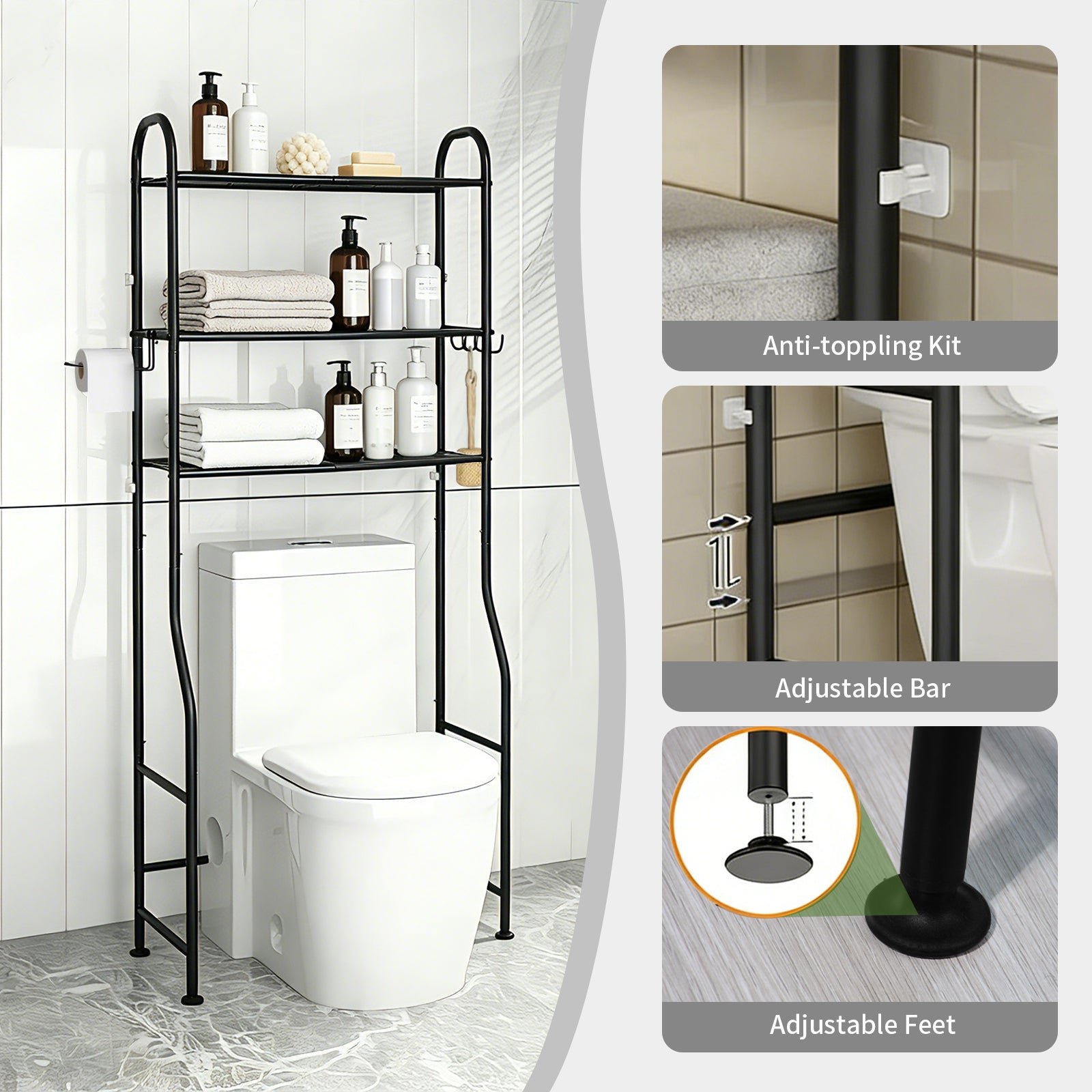 DQQKMM 3-Tier Over The Toilet Storage Rack, Freestanding Metal Over the Toilet Storage Shelf with Paper Holder & Hooks, Space Saver Bathroom Organizer Toilet for Bathroom/Laundry Room, Black