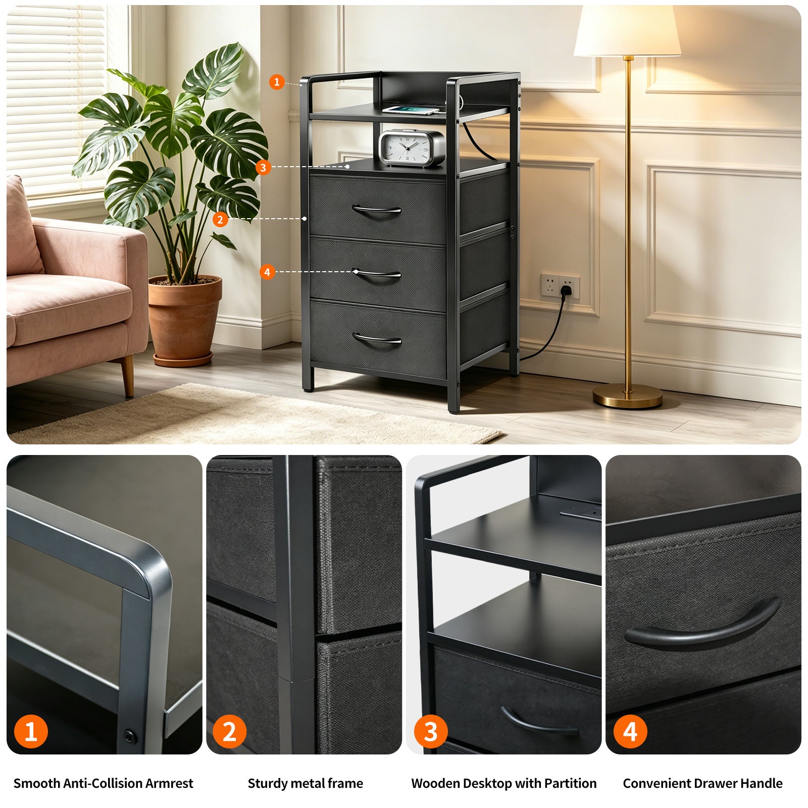 DQQKMM 3 Drawer Black Nightstand with Charging Station & LED Light Strip, Fabric Drawers Bedside Table with Open Shelf for Bedroom Living Room, Night Stand with U-S-B Ports and Outlets