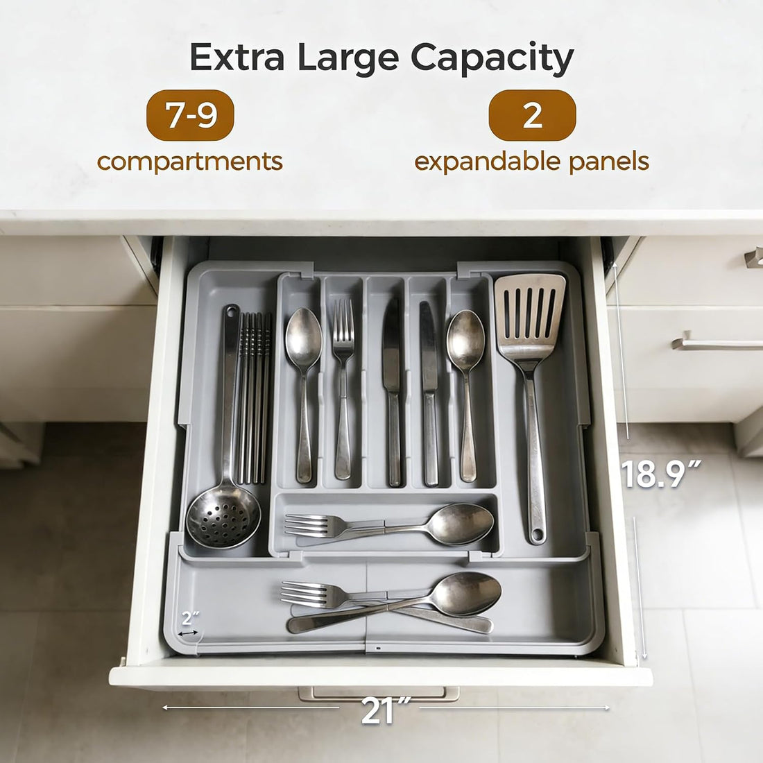 DQQKMM Larger Cutlery Drawer Organiser,Expandable Drawer Organizer with 9 Compartments, 3-sided Cutlery Organiser, Adjustable Cutlery Tray,utensil drawer organiser for Spoons,Forks and Knives (grey)