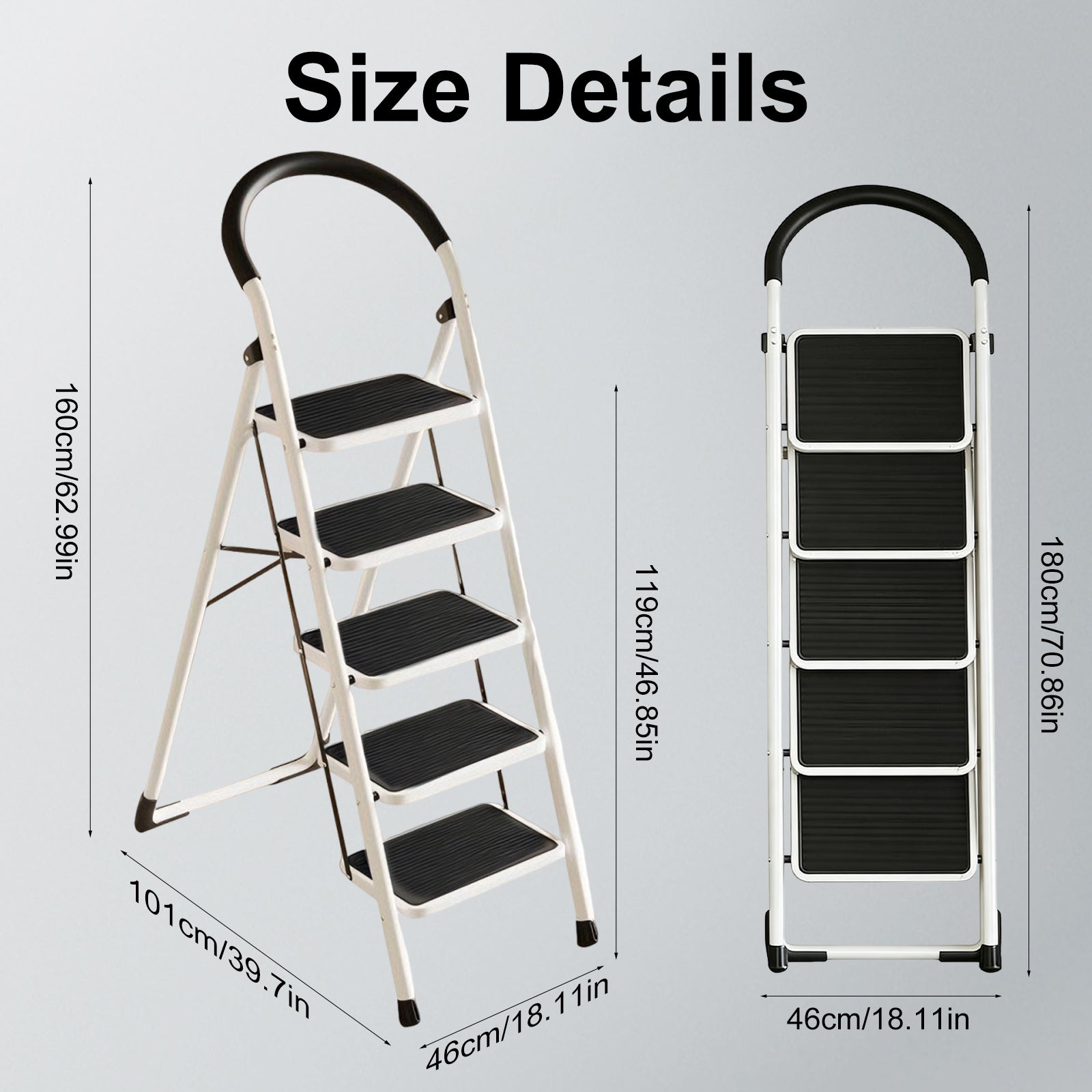 DQQKMM 5 Step Ladder, Folding Step Stool With Extra Wide Anti-Slip Pedal 330 Lbs Capacity (White)