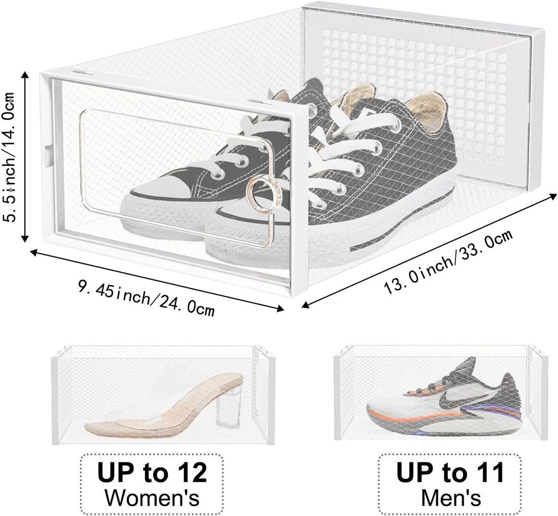 DQQKMM 12-Pack XL Shoe Storage Box, Clear Shoe box Plastic Stackable Shoe Organizer for Closet, Space Saving Foldable Shoe Rack Sneaker Container Bin Holder(white)