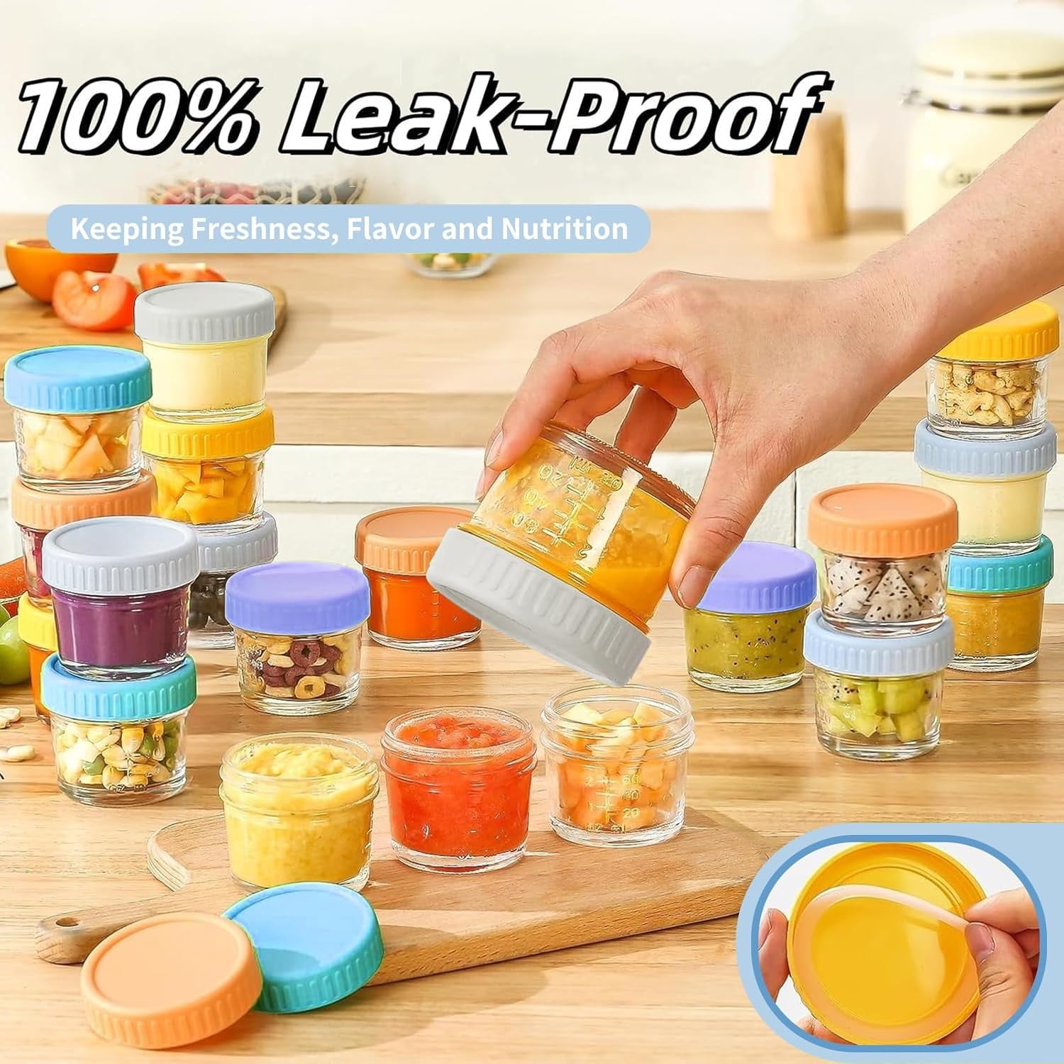 DQQKMM 6 Pack Glass Baby Food Storage Containers, 4oz/120ml Glass Baby Food Jars with Airtight Lids, Small Containers Freezer Storage with Airtight Lids Leak Proof for Baby Food