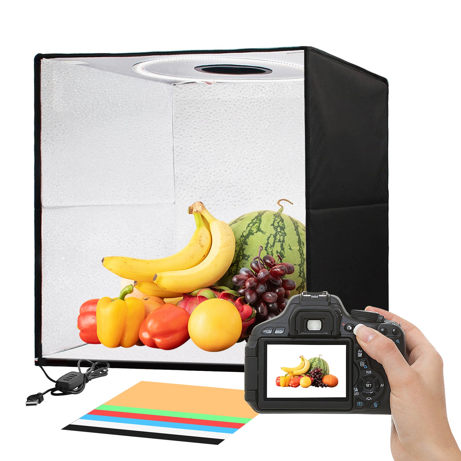 Portable Photo Studio Light Box, 40x40CM Photo Light Box with Ring Colour Change Light, Professional Dimmable Phto Tent Kit with 120 LEDs& 6 Kinds Double-Sided Color Backgrounds