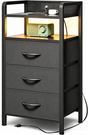 DQQKMM 3 Drawer Black Nightstand with Charging Station & LED Light Strip, Fabric Drawers Bedside Table with Open Shelf for Bedroom Living Room, Night Stand with U-S-B Ports and Outlets