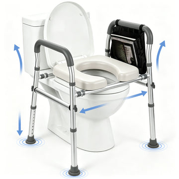 DQQKMM Toilet Seat Riser for Seniors, Adjustable Height & Width, Raised Toilet Seat with Handles & Padded Seat, Supports 300 lbs Toilet Seat with Handles, Shower Chair & Bedside Commode