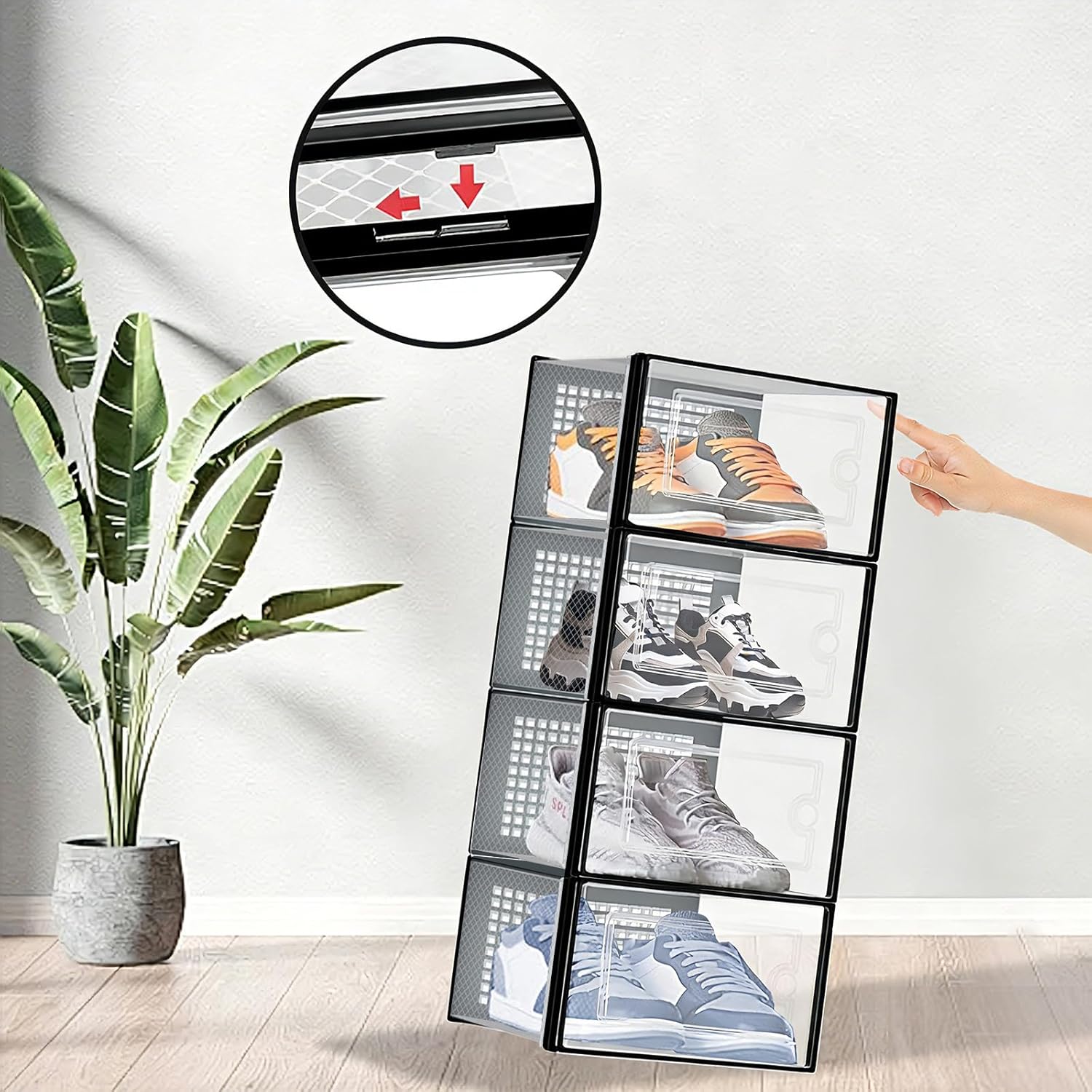 DQQKMM Shoe Storage Box, Clear Shoe box Plastic Stackable Shoe Organizer for Closet, Space Saving Foldable Shoe Rack Sneaker Container Bin Holder (black, X-Large-15pack)