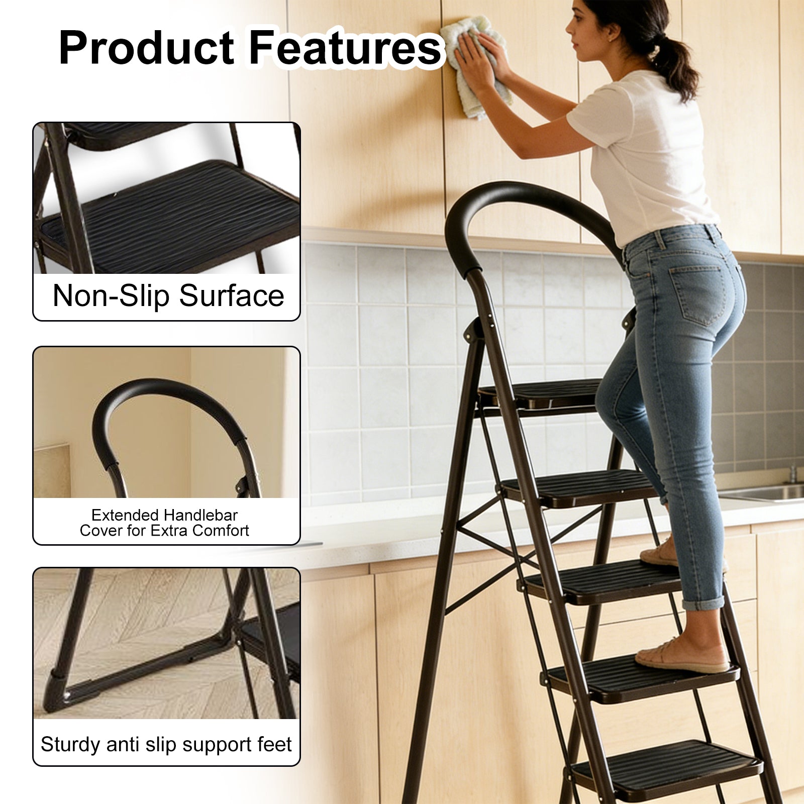 DQQKMM 5 Step Ladder, Folding Step Stool With Extra Wide Anti-Slip Pedal 330 Lbs Capacity (Black)