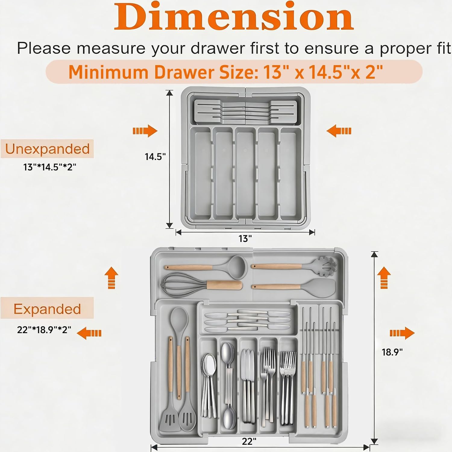 DQQKMM Larger Cutlery Drawer Organiser,Expandable Drawer Organizer with 9 Compartments, 3-sided Cutlery Organiser, Adjustable Cutlery Tray,utensil drawer organiser for Spoons,Forks and Knives (grey)