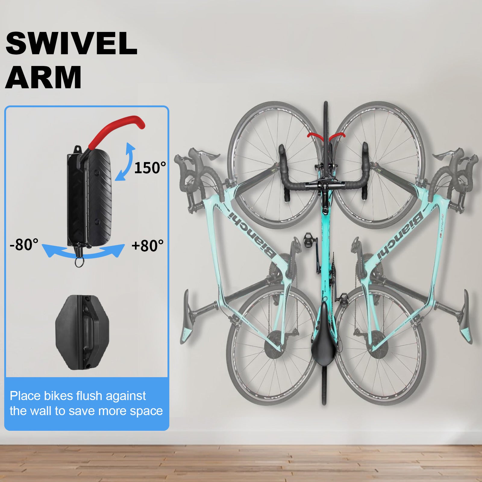 2 Pack Swivel Bike Wall Mount Rack, Adjustable Bike Wall Hanger, Holds Up to 66 lbs - Red