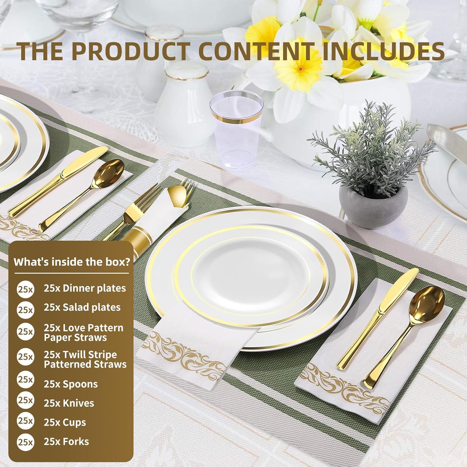 DQQKMM 175Pcs Gold Disposable Dinnerware Set for 25 Guests, for 25 Guests, 50 Plates, 75 Silverware, 25 Napkins, 25 Cups