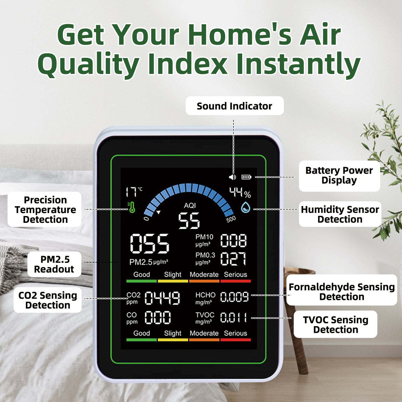 DQQKMM 10-in-1 Air Quality Monitor, Portable Smart Air Quality Tester with Beep Alarms, Real-Time Detection for Home, Office, Car & Pet Areas