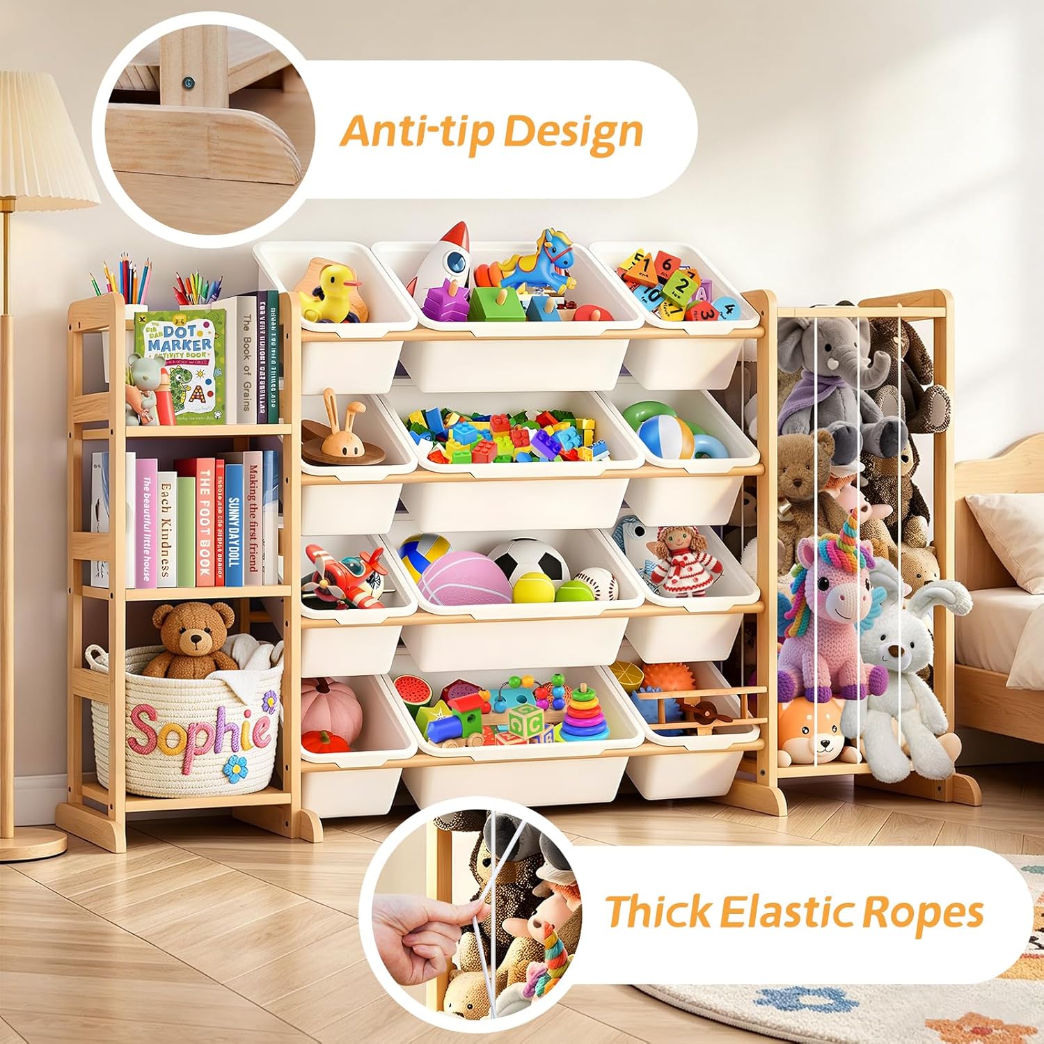 DQQKMM 3-in-1 Toy Storage Organizer with Bookshelf & Stuffed Animal Holder, Kids Toy Shelf with 12 Storage Bins, Wooden Playroom Storage Rack for Bedroom, Space-Saving Toy & Bookcase for Kids Rooms
