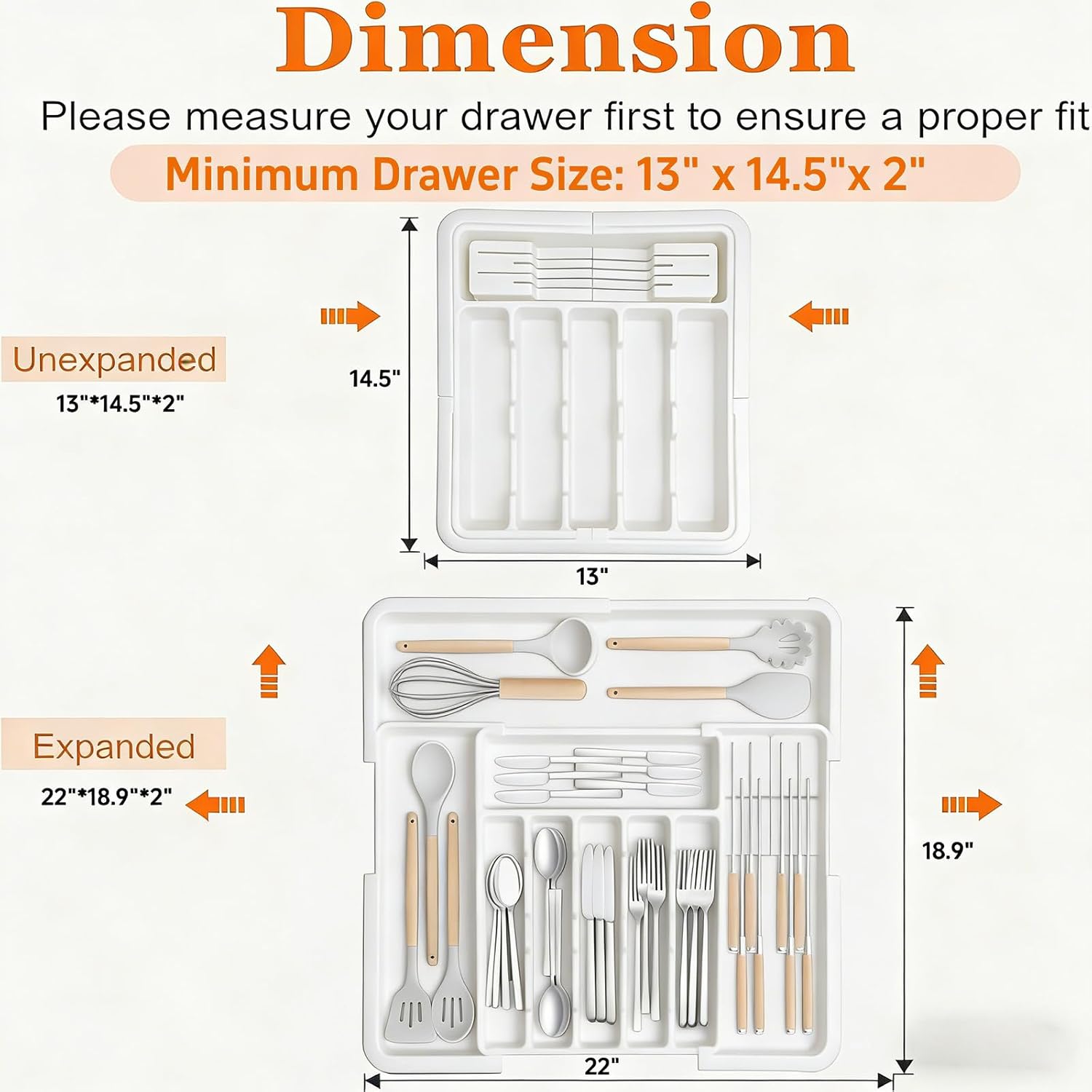 DQQKMM Larger Cutlery Drawer Organiser,Expandable Drawer Organizer with 9 Compartments, 3-sided Cutlery Organiser, Adjustable Cutlery Tray,utensil drawer organiser for Spoons,Forks and Knives (white)