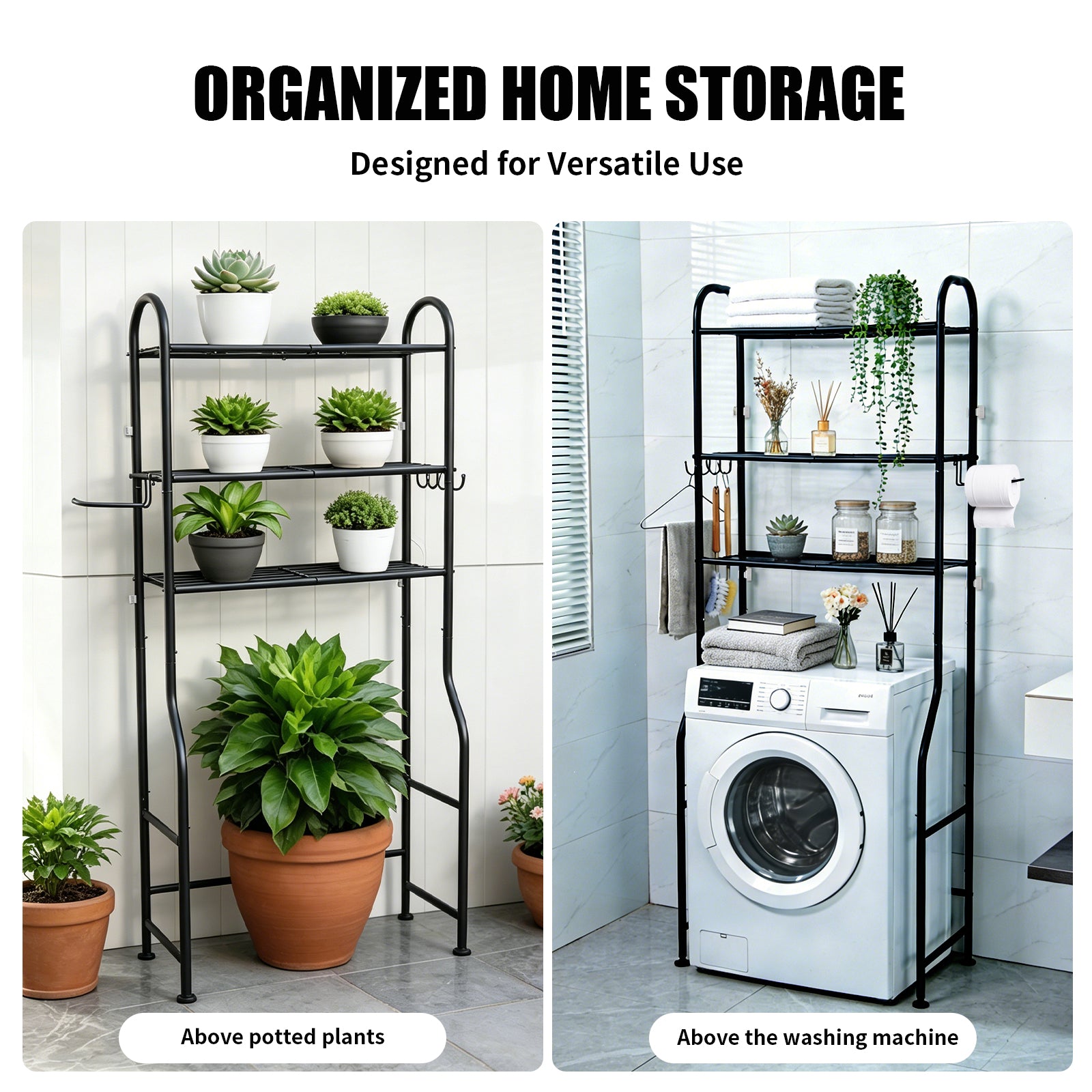DQQKMM 3-Tier Over The Toilet Storage Rack, Freestanding Metal Over the Toilet Storage Shelf with Paper Holder & Hooks, Space Saver Bathroom Organizer Toilet for Bathroom/Laundry Room, Black