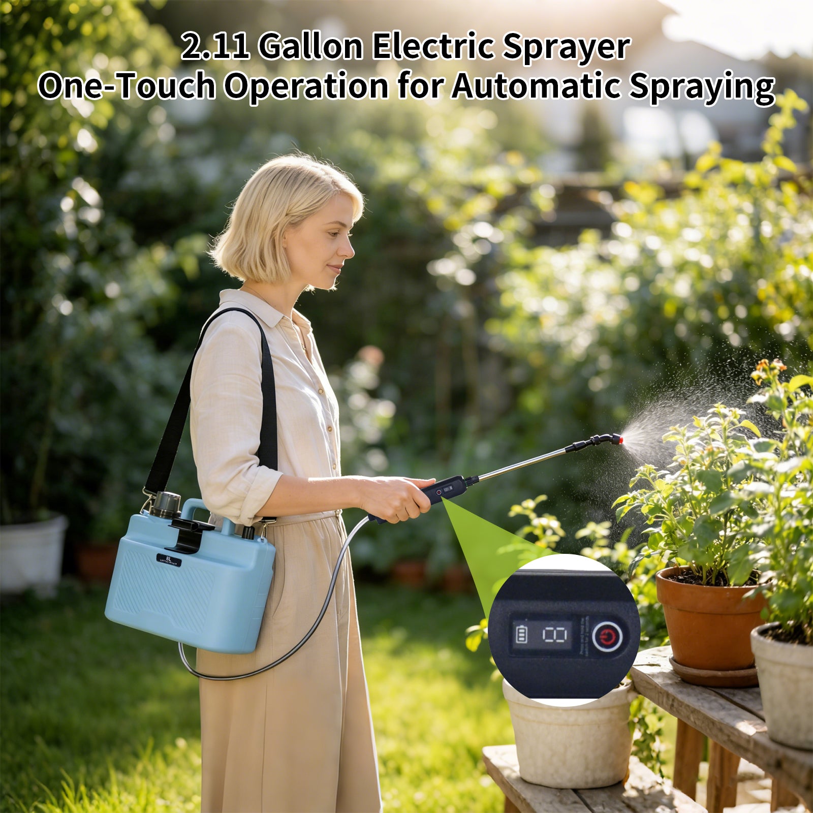 DQQKMM 8L Rechargeable Electric Sprayer, 2000mAh Battery, Digital Display, 3 Speeds, 4 Nozzles & Telescopic Wand for Lawn, Garden Cleaning
