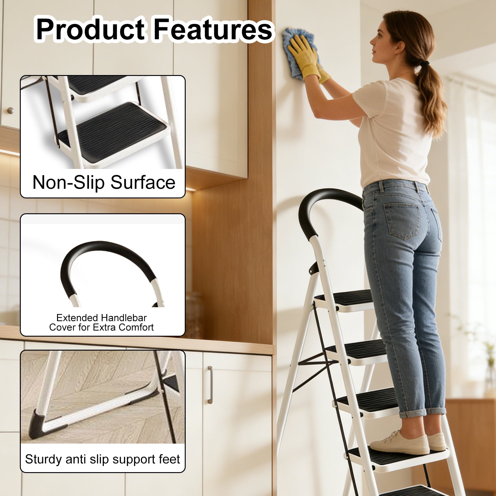 DQQKMM 5 Step Ladder, Folding Step Stool With Extra Wide Anti-Slip Pedal 330 Lbs Capacity (White)