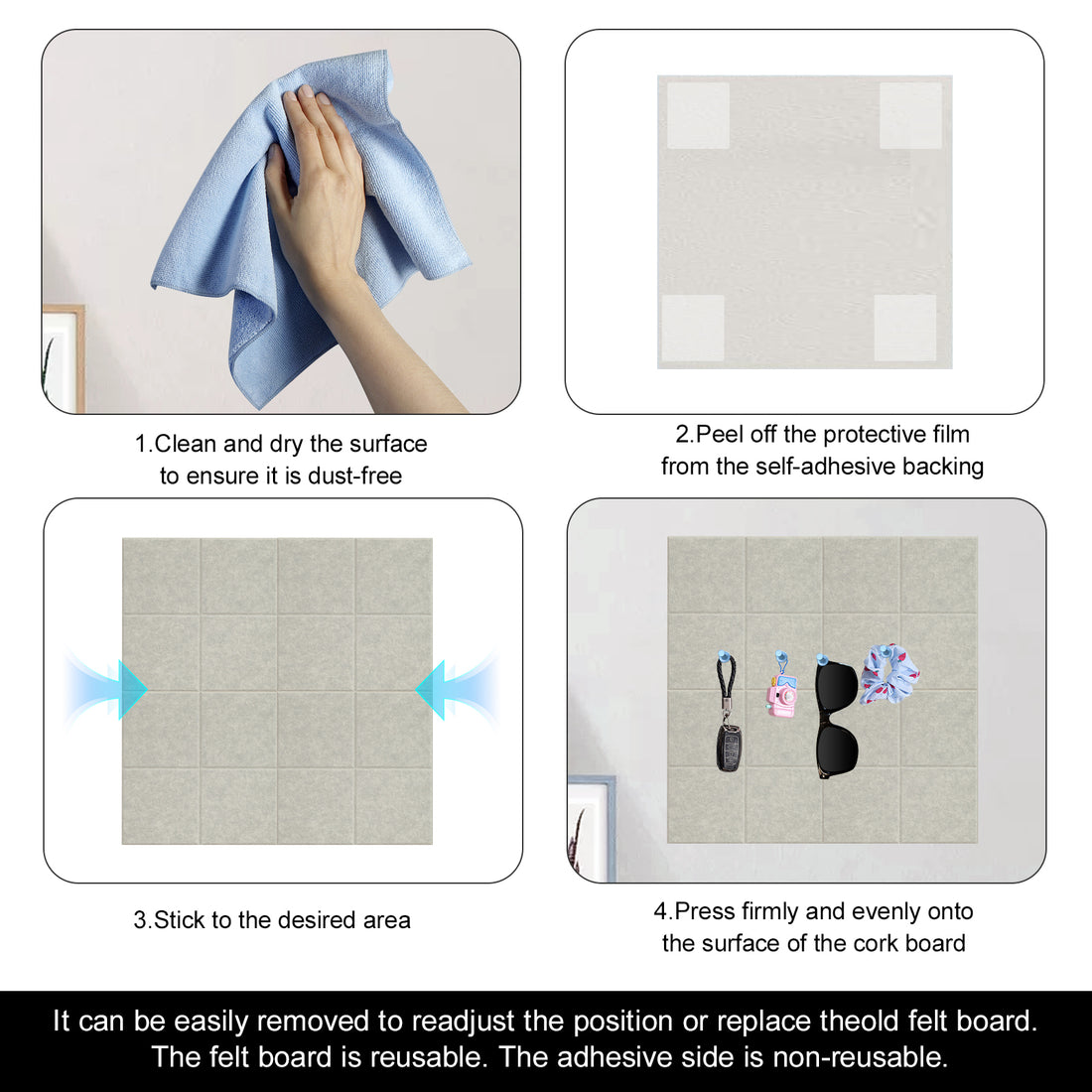DQQKMM 48" x 36" Large Felt Bulletin Board 12 Pack, Sound Absorbing Panel Wall Organizer with 60 Adhesive Tabs & 60 Push Pins for Home , Office