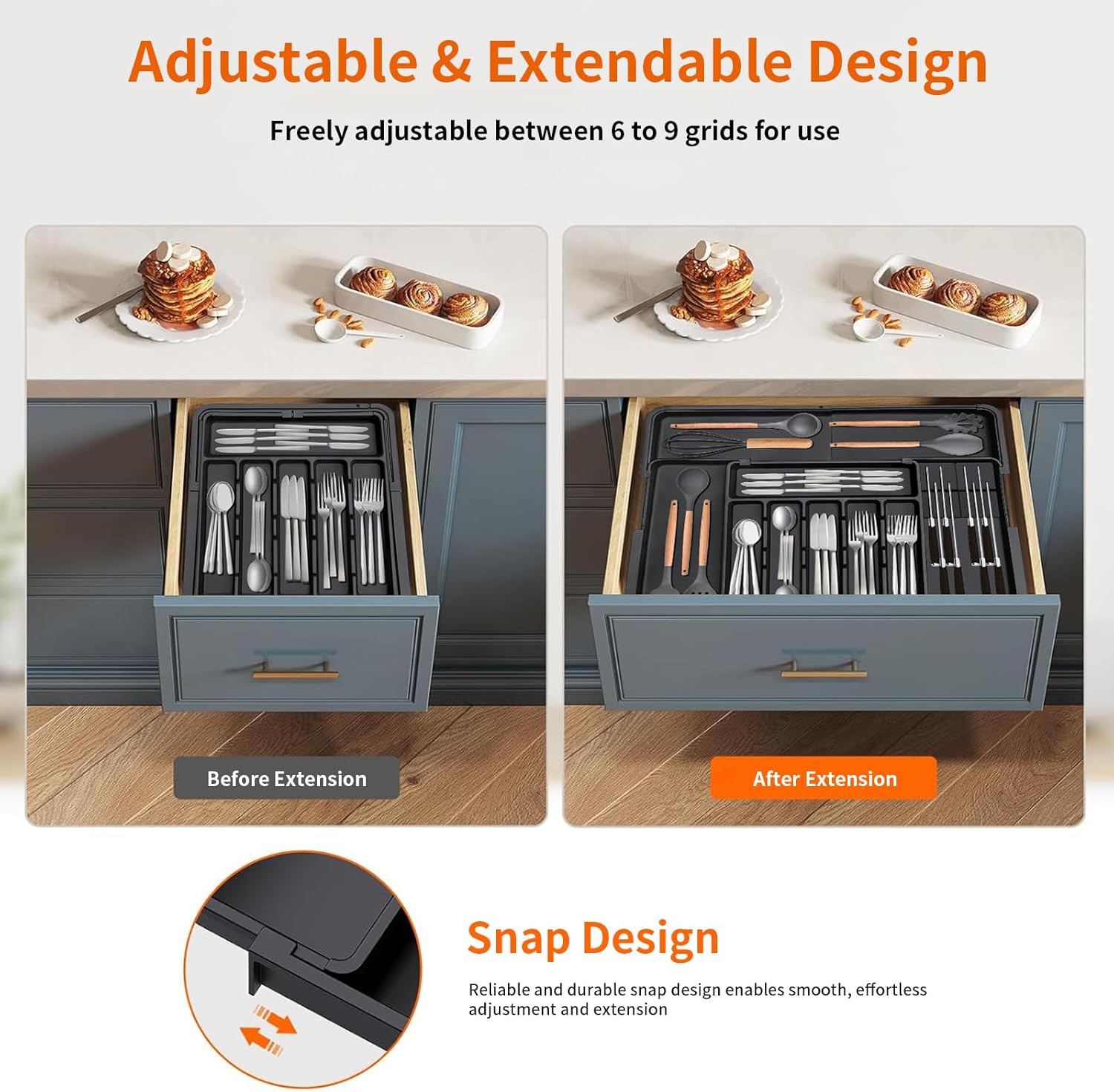 DQQKMM Larger Cutlery Drawer Organiser,Expandable Drawer Organizer with 9 Compartments, 3-sided Cutlery Organiser, Adjustable Cutlery Tray,utensil drawer organiser for Spoons,Forks and Knives (black)