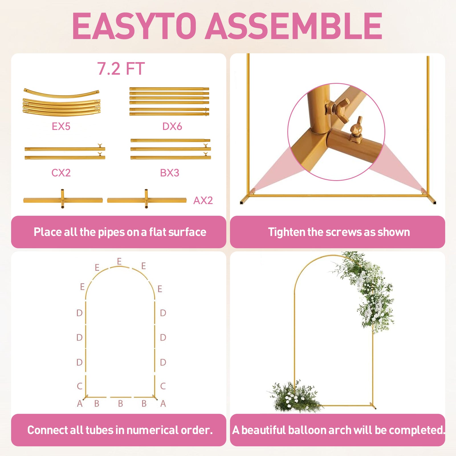 Metal Arch Backdrop Stand 7.2FT, 6FT Set of 2 Gold Wedding Arch Stand with Stable Base,Balloon Backdrop Stand for Wedding Ceremony Birthday Party Bridal Baby Shower Banquet Decoration.