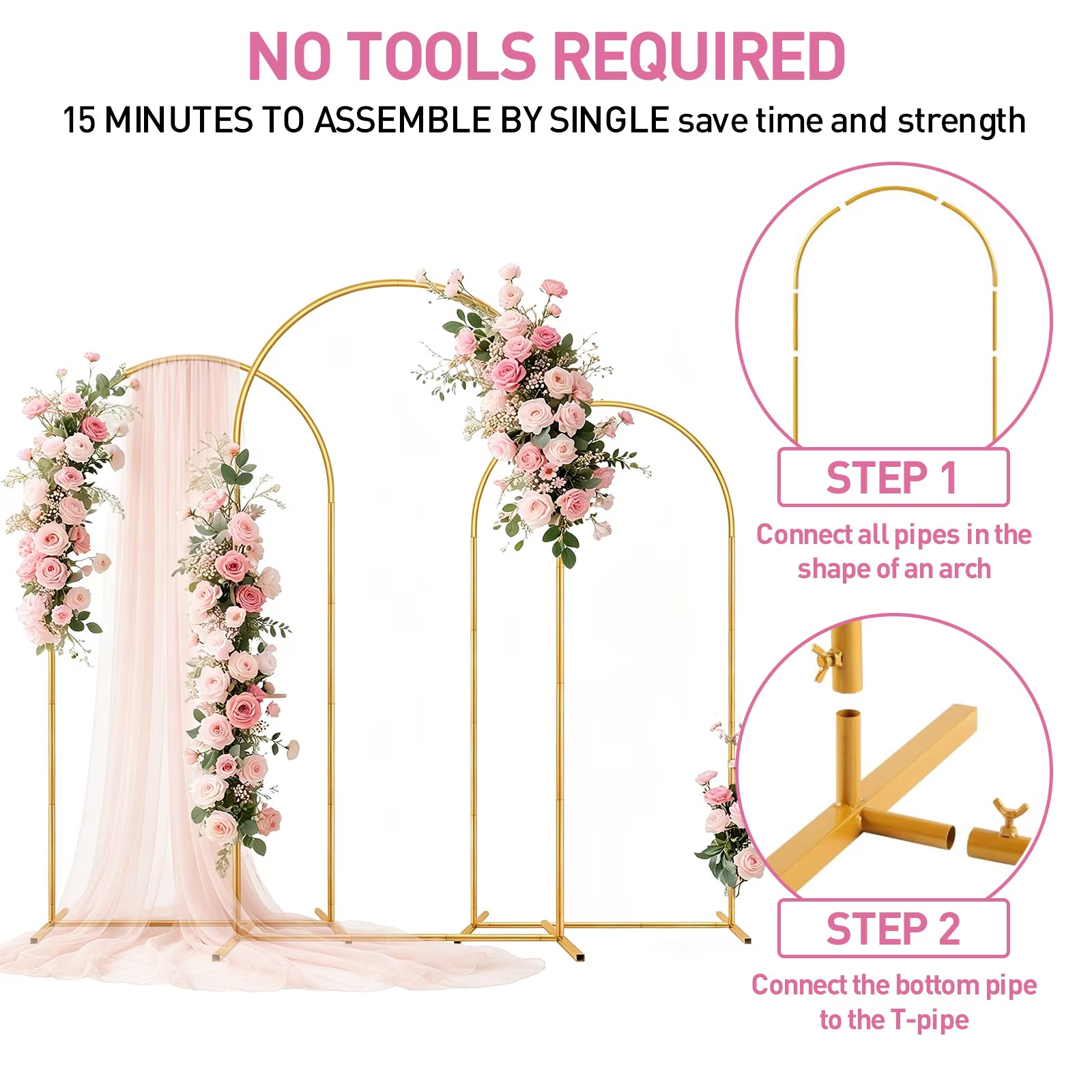DQQKMM Metal Arch Backdrop Stand 4FT, 5FT, 6FT Set of 3 Gold Wedding Arch Stand with Stable Base,Balloon Backdrop Stand for Wedding Ceremony Birthday Party Bridal Baby Shower Banquet Decoration.