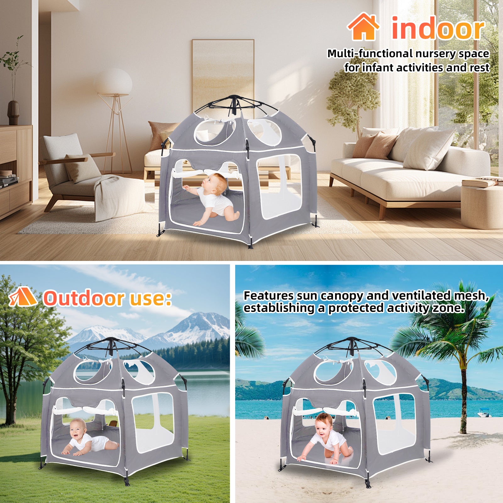 Portable Pop-Up Tent with Canopy - Mosquito Net & UV Protection Playpen, Lightweight Foldable Design for Beach, Garden and Indoor Use, Easy Setup (1.5m x 1.1m, Grey)