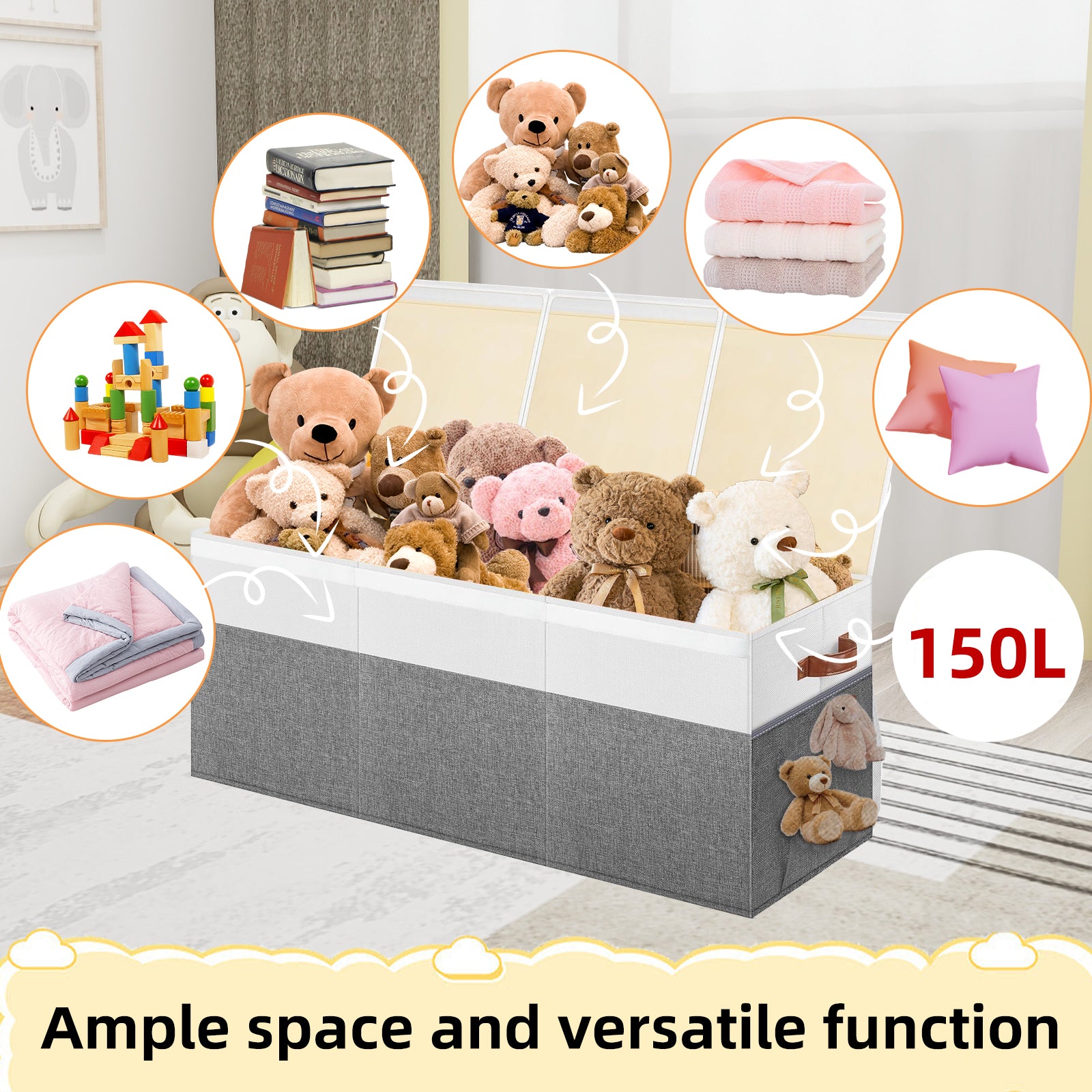 DQQKMM Toy Boxes for Kids, 150L Large Collapsible Storage Bins for Toys,Toy Chests & Organizers，Gray