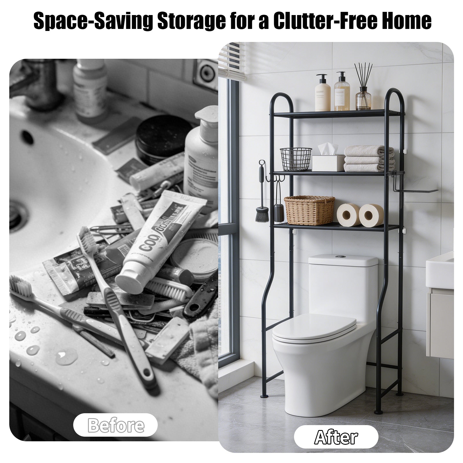 DQQKMM 3-Tier Over The Toilet Storage Rack, Freestanding Metal Over the Toilet Storage Shelf with Paper Holder & Hooks, Space Saver Bathroom Organizer Toilet for Bathroom/Laundry Room, Black