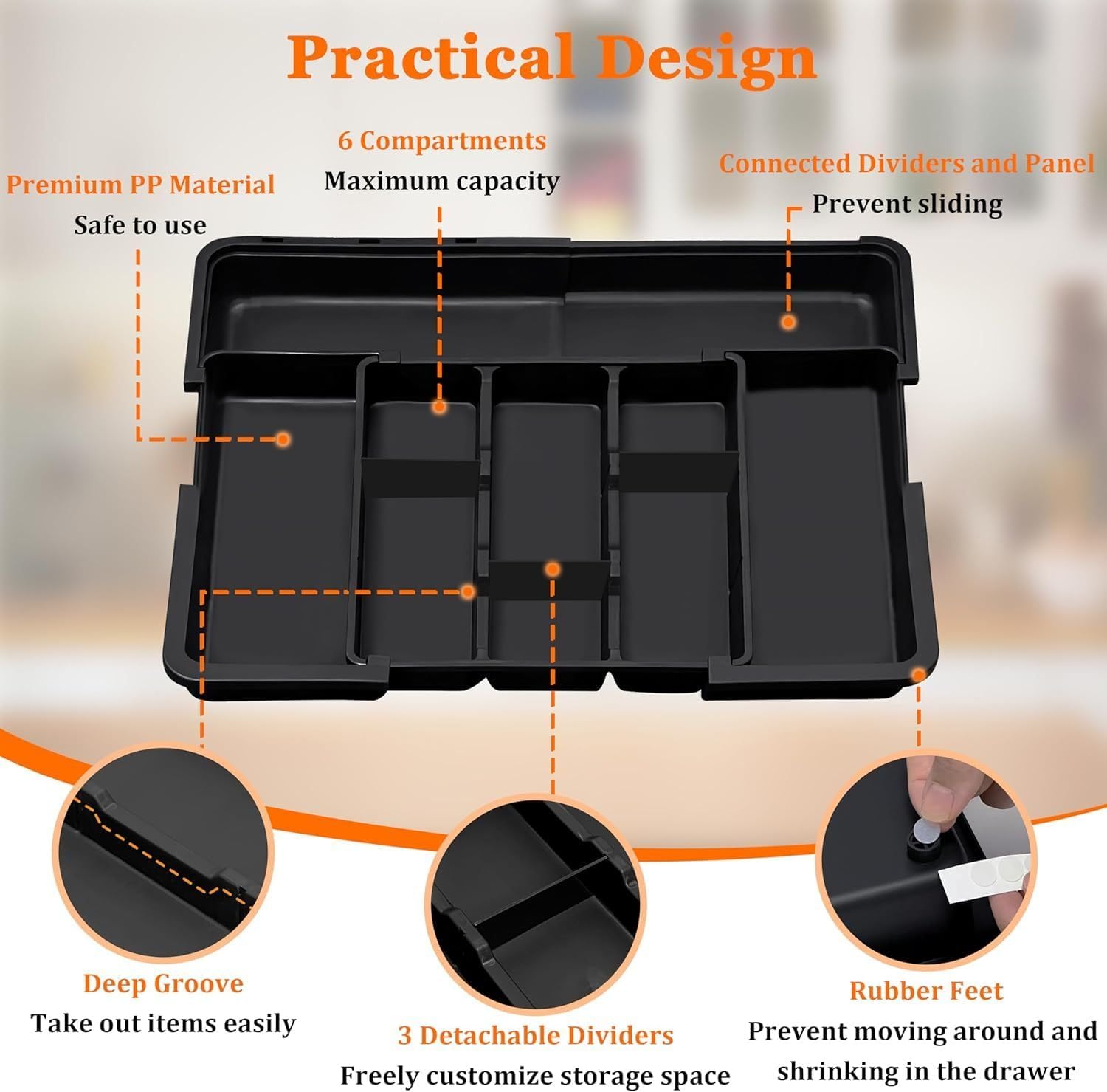 DQQKMM Larger Cutlery Drawer Organiser,Expandable Drawer Organizer with 9 Compartments, 3-sided Cutlery Organiser, Adjustable Cutlery Tray,utensil drawer organiser for Spoons,Forks and Knives (black)
