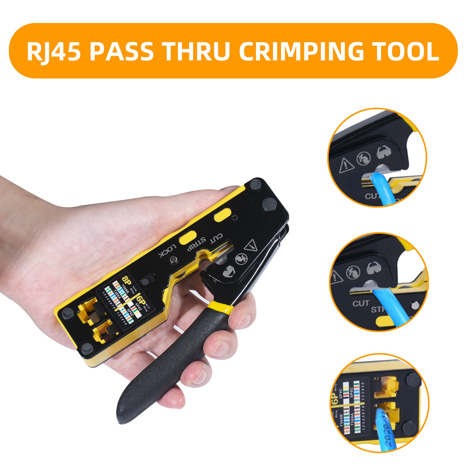 DQQKMM Ethernet Crimping Tool Kit RJ45 Crimp Tools, Cat5 Cat5e Cat6 Tool Kit with Cable Tester, Network Stripper, Blades, 50PCS Cat6 Pass Through Connectors and Strain Relief Boots