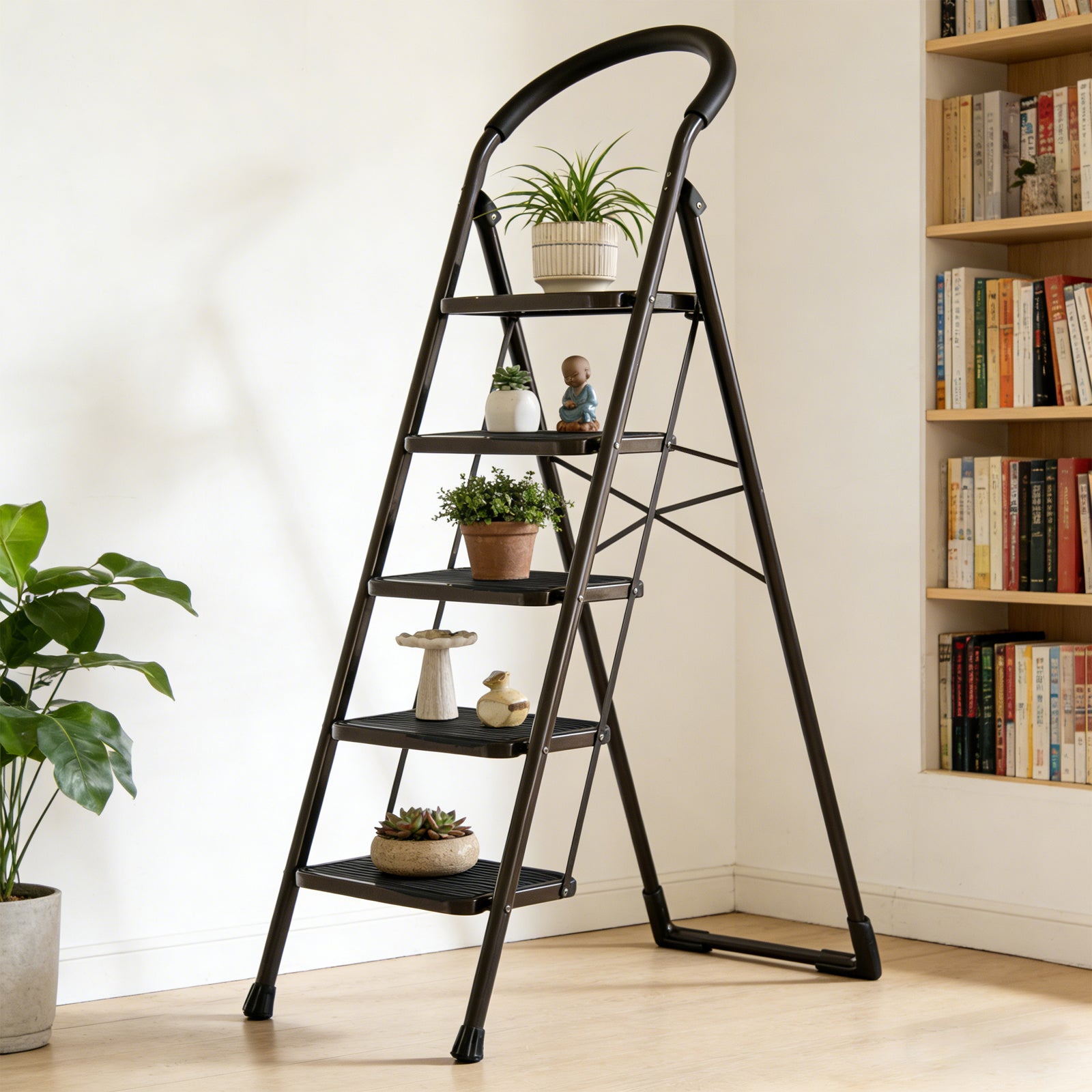 DQQKMM 5 Step Ladder, Folding Step Stool With Extra Wide Anti-Slip Pedal 330 Lbs Capacity (Black)