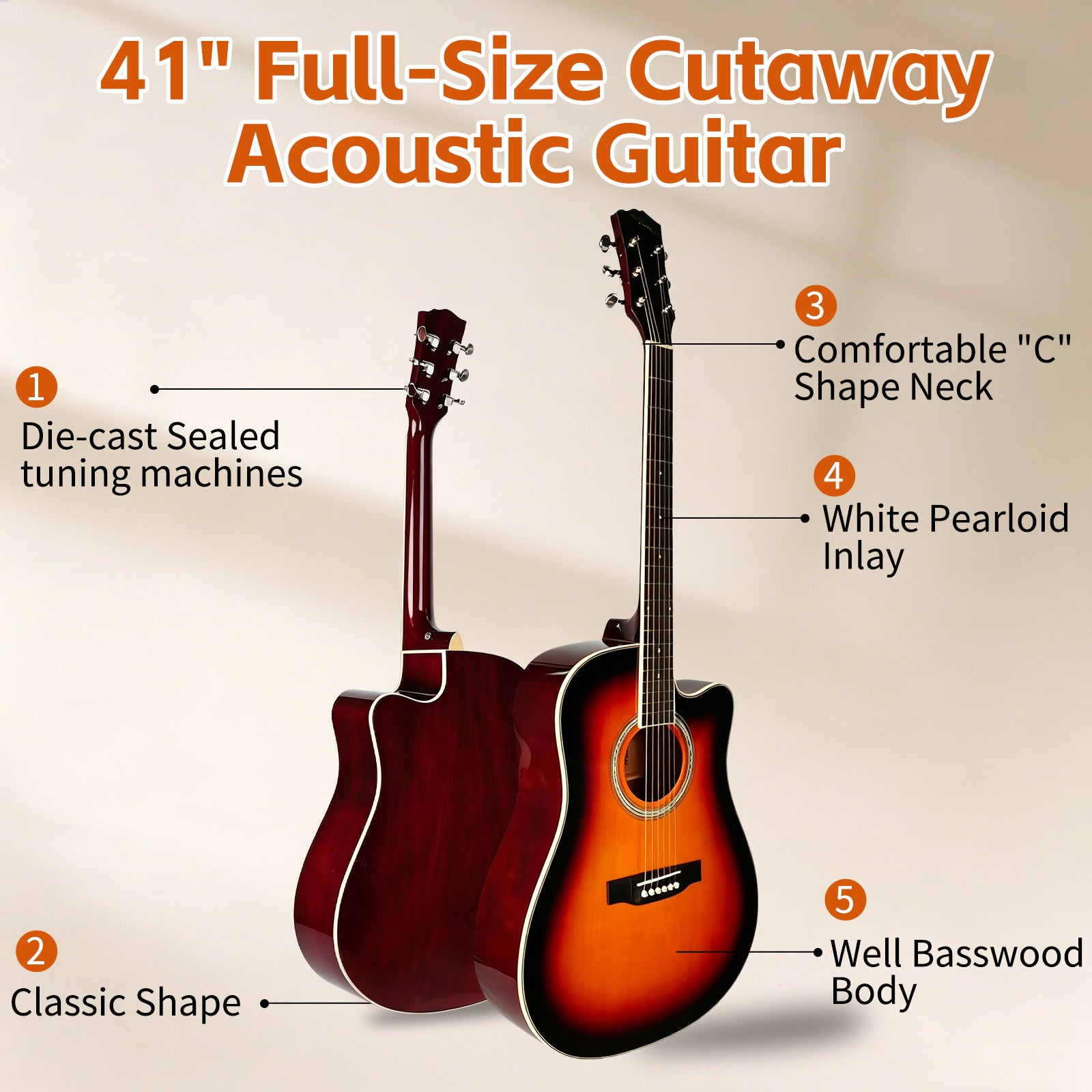 DQQKMM 41" Full-Size Cutaway Acoustic Guitar Kit for Adults & Beginners, Dreadnought Wooden Guitar Bundle with Gig Bag, Tuner, Capo, Strings & More, Sunburst Right-Handed