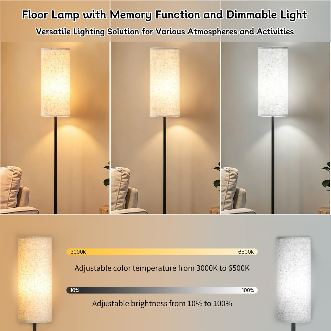 DQQKMM Floor Lamps for Living Room, 9W RGB LED Bulb, Standing Floor Lamp for Living Room Bedroom Office Corner, Dimmable 3 Color Temperature Floor Lamp Foot Switch, Beige Shade