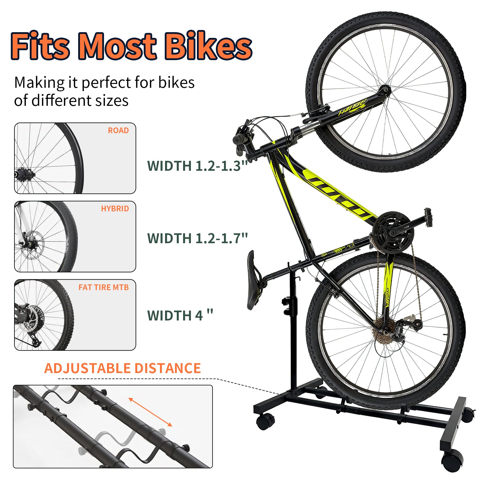 DQQKMM Vertical Bike Stand Movable with Casters, Freestanding Indoor Bike Storage Rack Upright Bicycle Floor Stand Indoor Bike Holder with Adjustable Height for Garage & Apartment