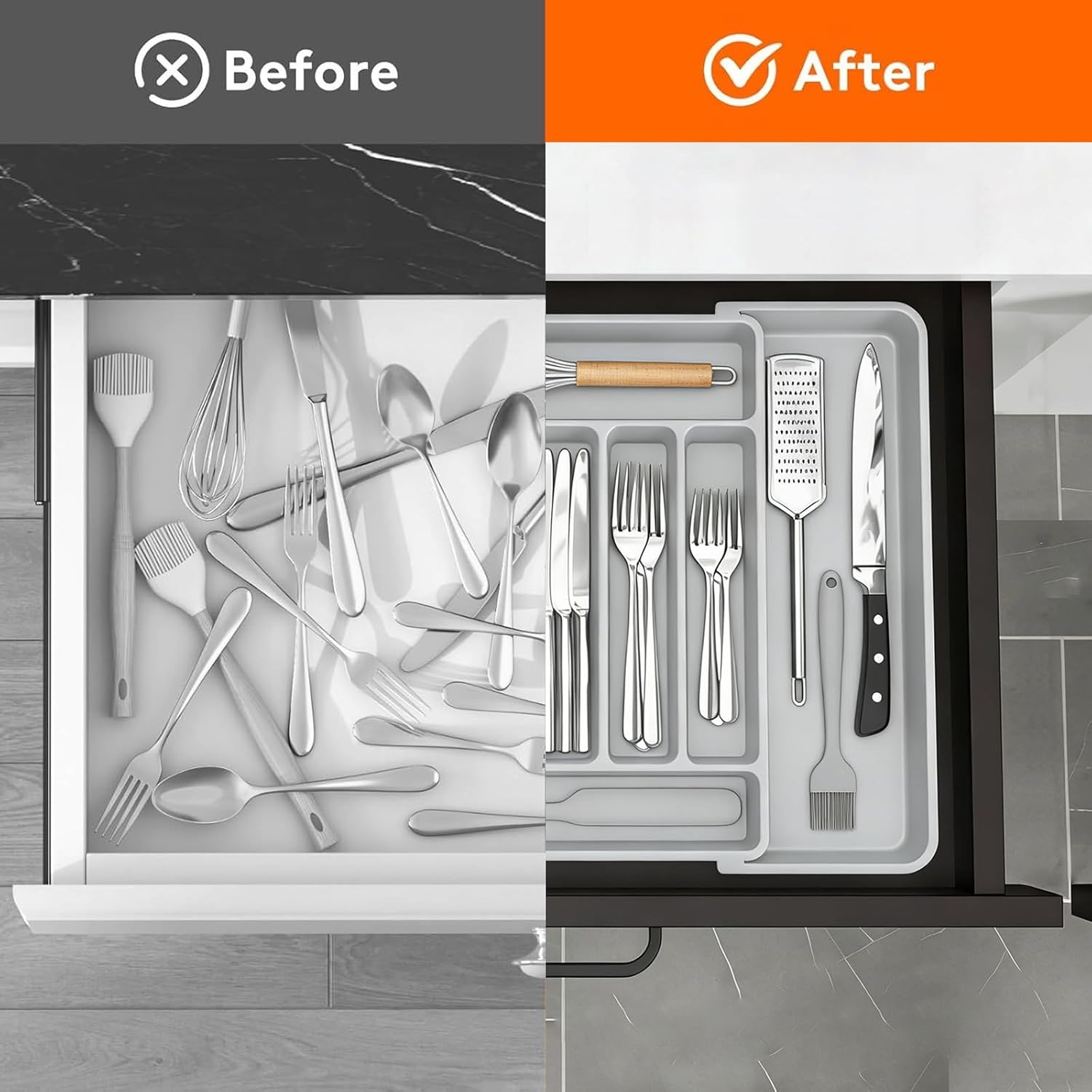 DQQKMM Larger Cutlery Drawer Organiser,Expandable Drawer Organizer with 9 Compartments, 3-sided Cutlery Organiser, Adjustable Cutlery Tray,utensil drawer organiser for Spoons,Forks and Knives (grey)
