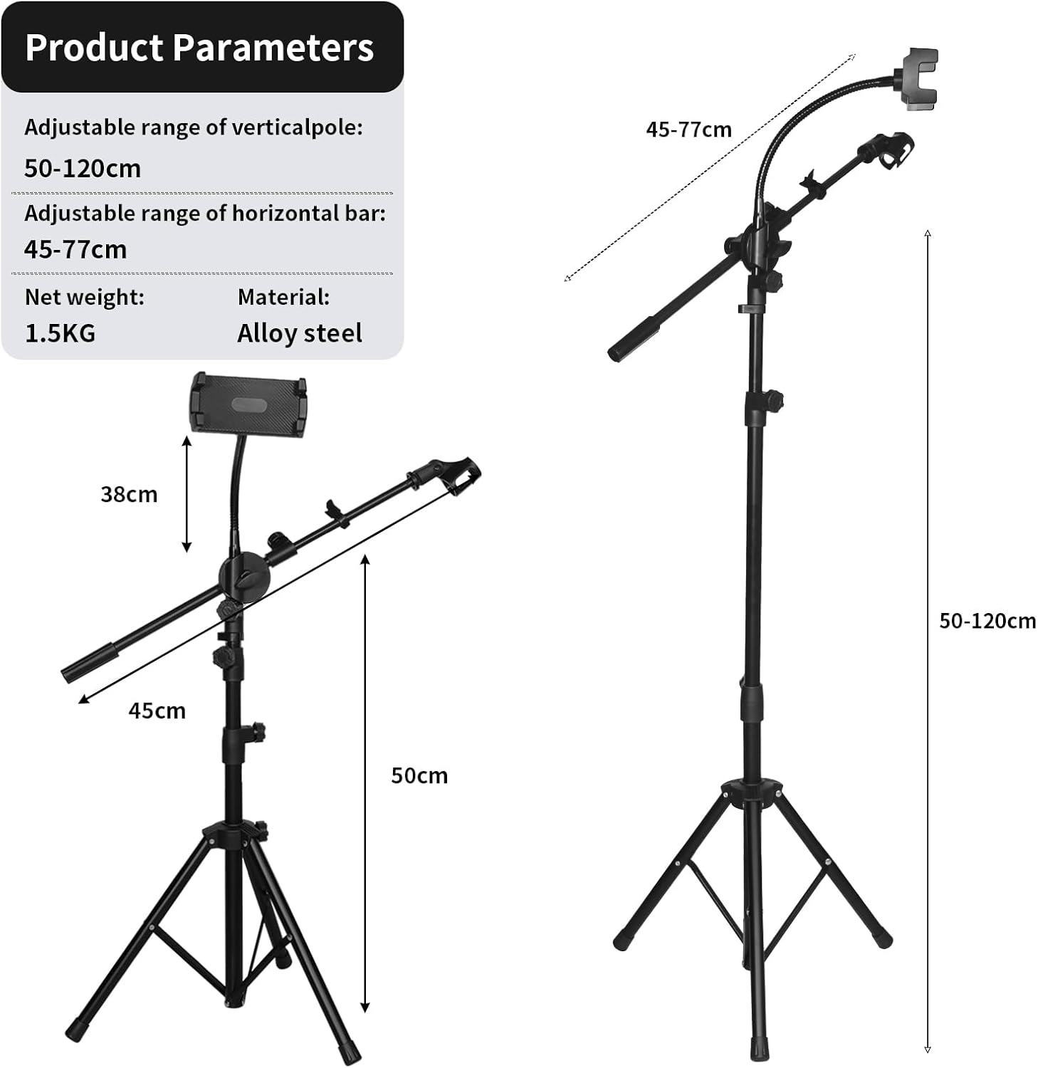 DQQKMM Tripod Mic Stand, 2-in-1 Adjustable Floor Stand with Boom Arm, Dual-Use Holder with Bag for Singing Studio