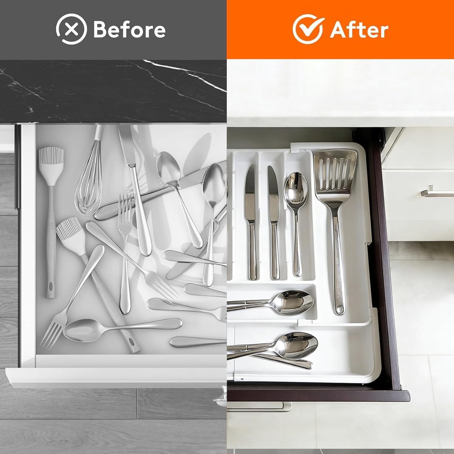 DQQKMM Larger Cutlery Drawer Organiser,Expandable Drawer Organizer with 9 Compartments, 3-sided Cutlery Organiser, Adjustable Cutlery Tray,utensil drawer organiser for Spoons,Forks and Knives (white)