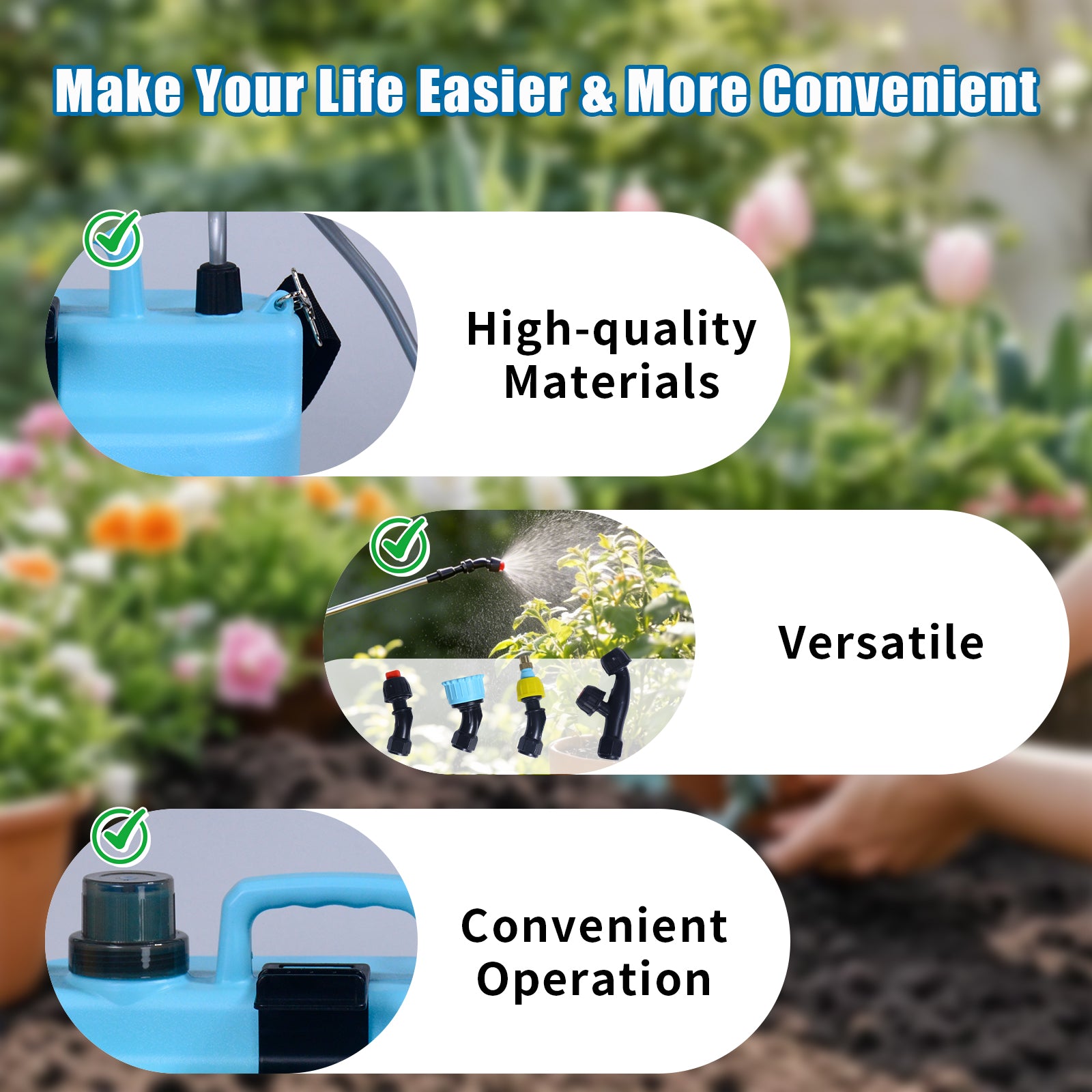 DQQKMM 8L Rechargeable Electric Sprayer, 2000mAh Battery, Digital Display, 3 Speeds, 4 Nozzles & Telescopic Wand for Lawn, Garden Cleaning