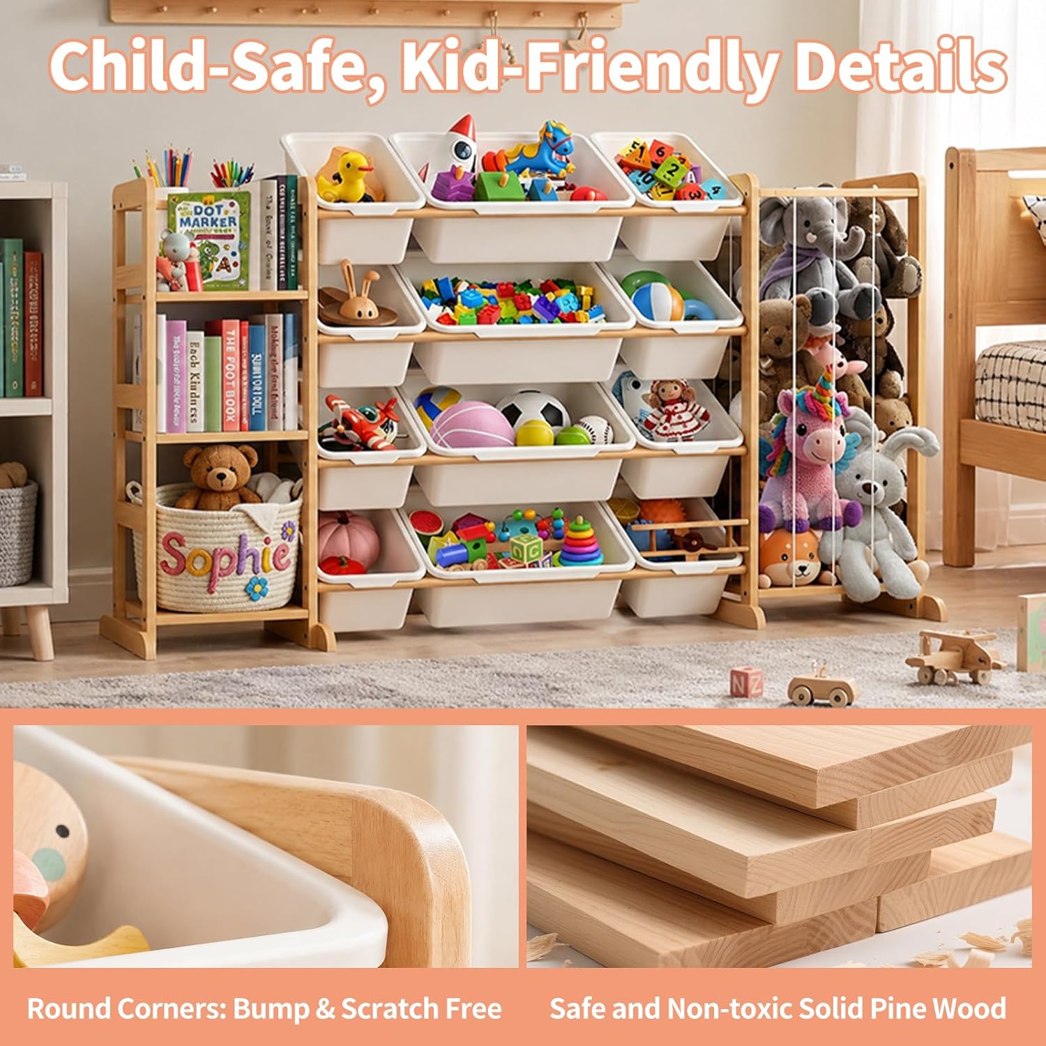 DQQKMM 3-in-1 Toy Storage Organizer with Bookshelf & Stuffed Animal Holder, Kids Toy Shelf with 12 Storage Bins, Wooden Playroom Storage Rack for Bedroom, Space-Saving Toy & Bookcase for Kids Rooms