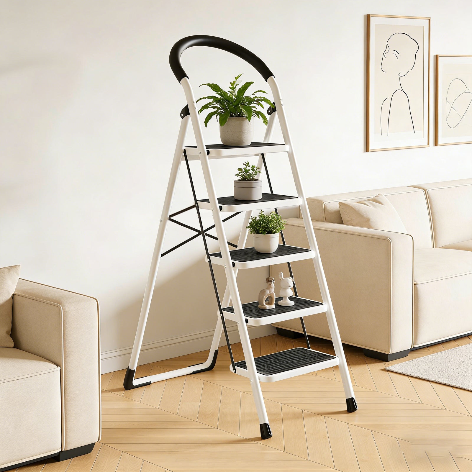 DQQKMM 5 Step Ladder, Folding Step Stool With Extra Wide Anti-Slip Pedal 330 Lbs Capacity (White)