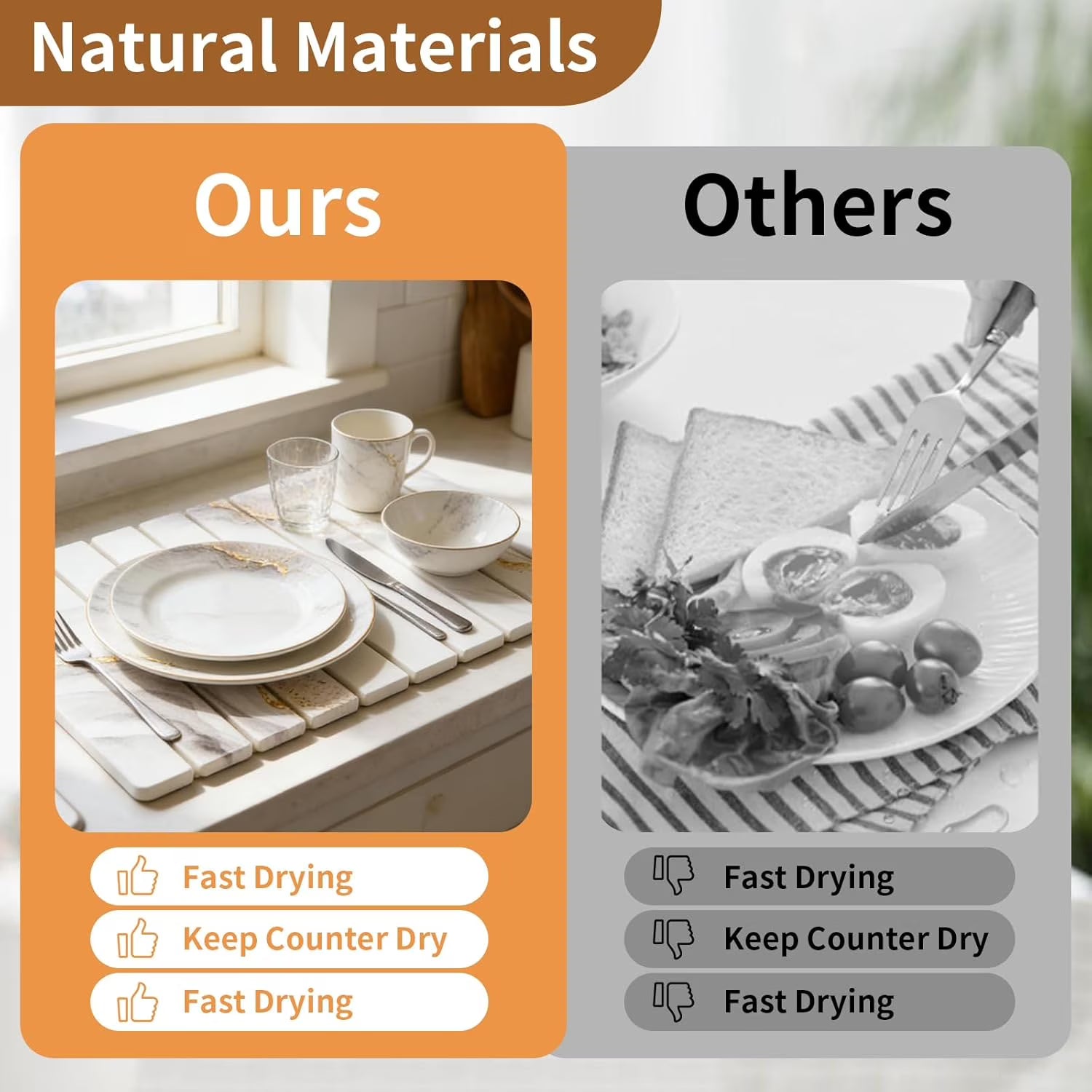 DQQKMM 2 Pack Large Diatomaceous Earth Dish Drying Mat, 60x39cm,20x10, Stone Dish Drying Mat, Non-Slip Fast Drying Kitchen Mat Stone Drying Mat, Drying Stone for Kitchen Counter(Marble,Two Size)