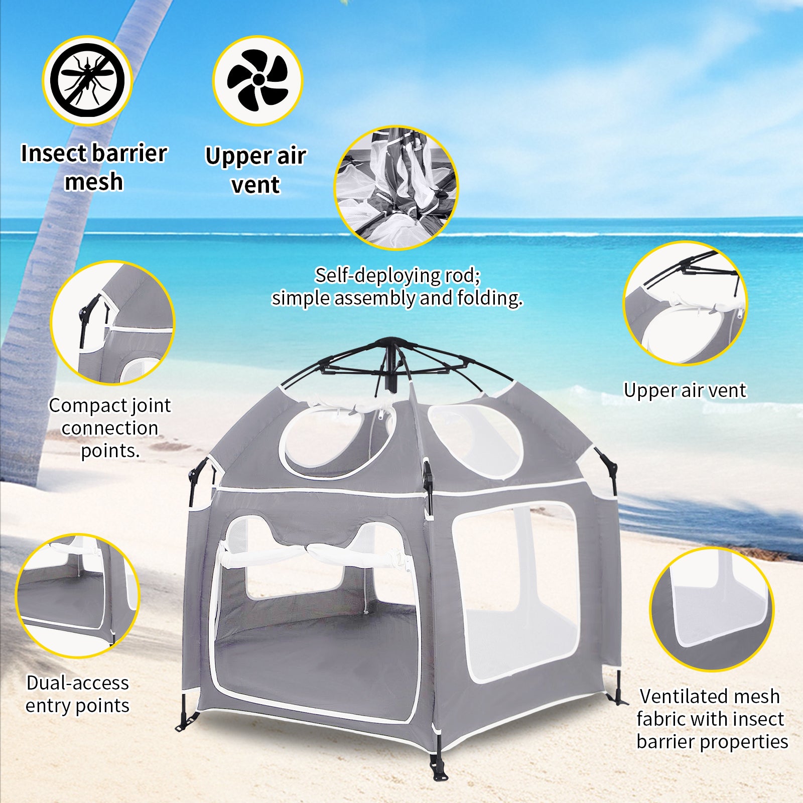 Portable Pop-Up Tent with Canopy - Mosquito Net & UV Protection Playpen, Lightweight Foldable Design for Beach, Garden and Indoor Use, Easy Setup (1.5m x 1.1m, Grey)