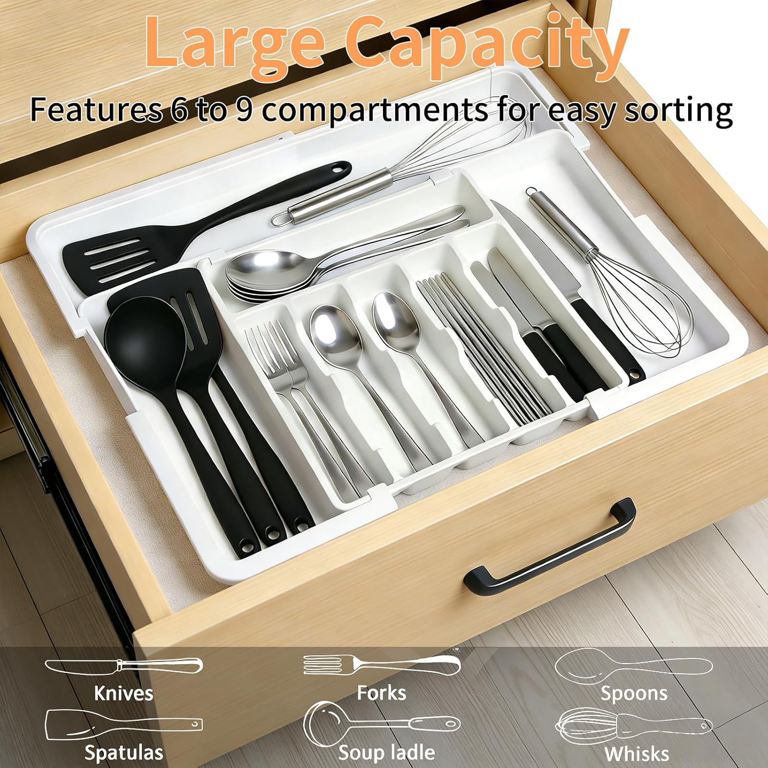 DQQKMM Larger Cutlery Drawer Organiser,Expandable Drawer Organizer with 9 Compartments, 3-sided Cutlery Organiser, Adjustable Cutlery Tray,utensil drawer organiser for Spoons,Forks and Knives (white)