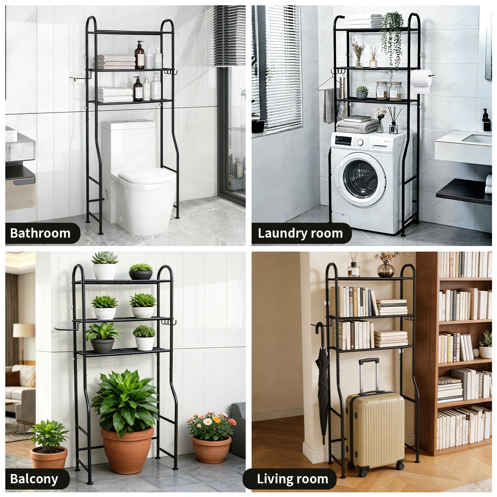 DQQKMM 3-Tier Over The Toilet Storage Rack, Freestanding Metal Over the Toilet Storage Shelf with Paper Holder & Hooks, Space Saver Bathroom Organizer Toilet for Bathroom/Laundry Room, Black