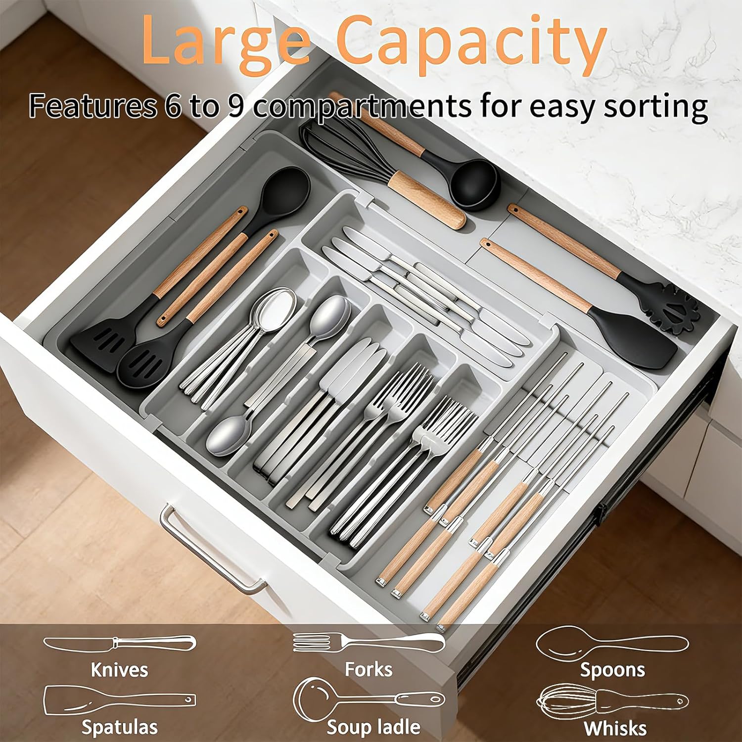DQQKMM Larger Cutlery Drawer Organiser,Expandable Drawer Organizer with 9 Compartments, 3-sided Cutlery Organiser, Adjustable Cutlery Tray,utensil drawer organiser for Spoons,Forks and Knives (grey)