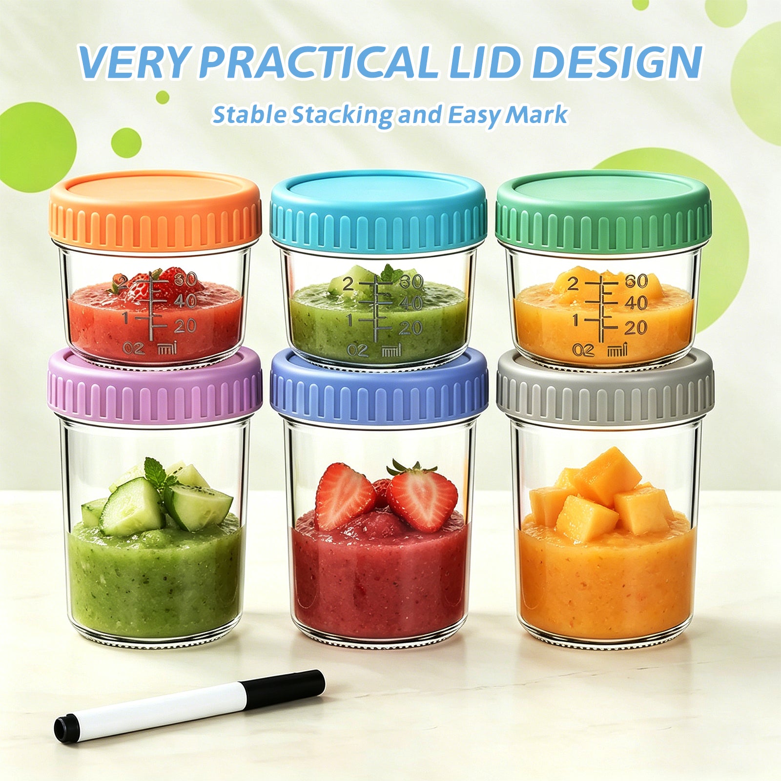 DQQKMM 6 Pack Glass Baby Food Storage Containers, 4oz/8oz Glass Baby Food Jars with Airtight Lids, Small Containers Freezer Storage with Airtight Lids Leak Proof for Baby Food