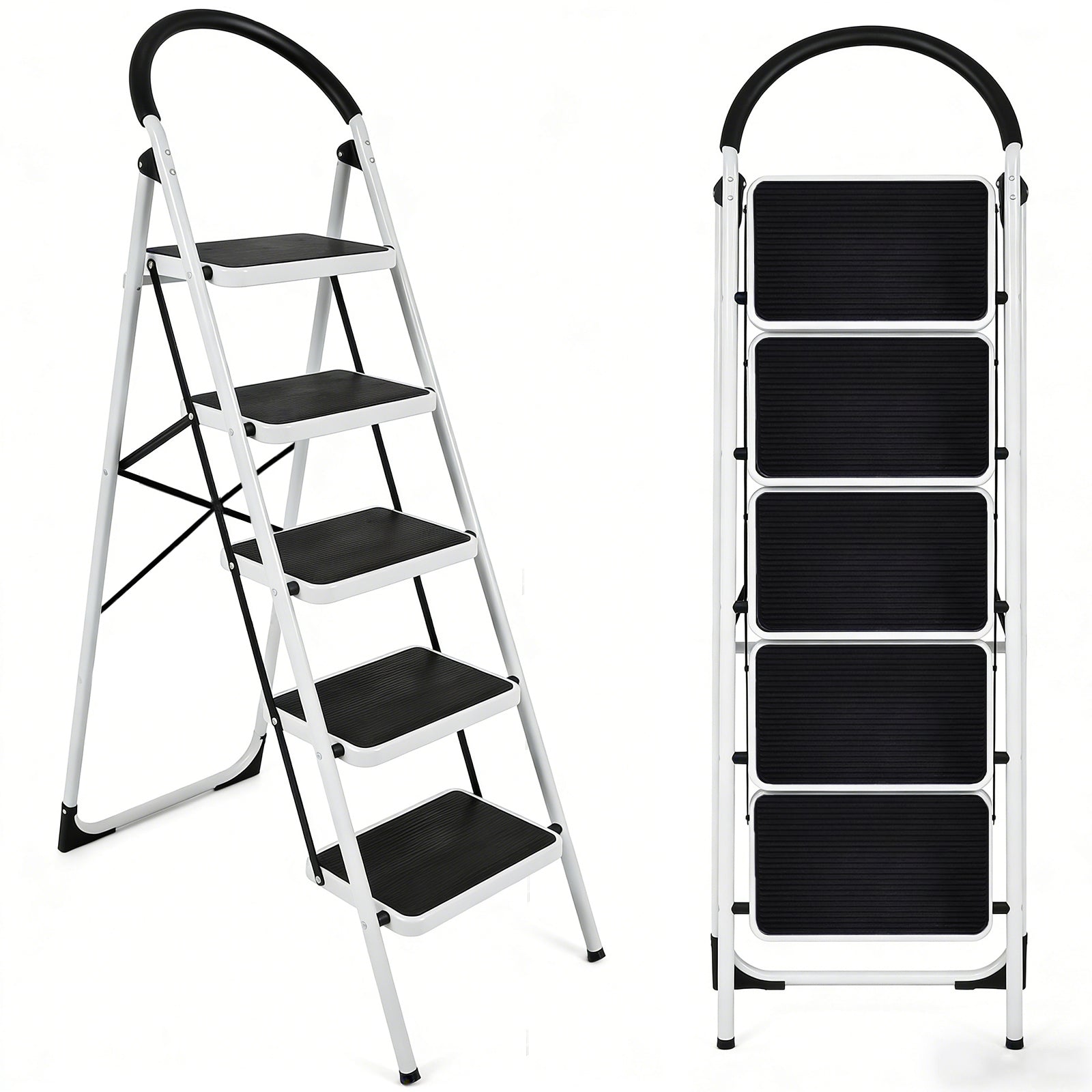 DQQKMM 5 Step Ladder, Folding Step Stool With Extra Wide Anti-Slip Pedal 330 Lbs Capacity (White)